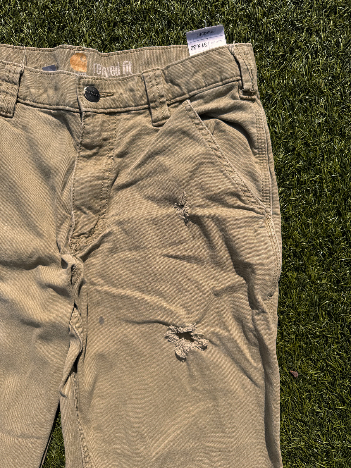 Carhartt Mens Carpenter Work Trousers Beige W31 L30 Relaxed Fit Distressed