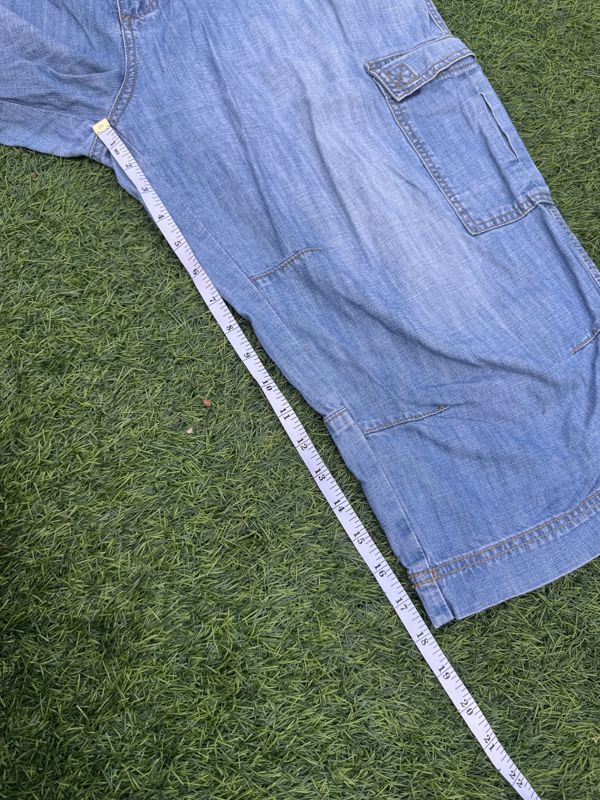 Dockhouse Mens W38 Baggy Denim Jorts Y2K Skater Cargo Long Shorts Light Blue