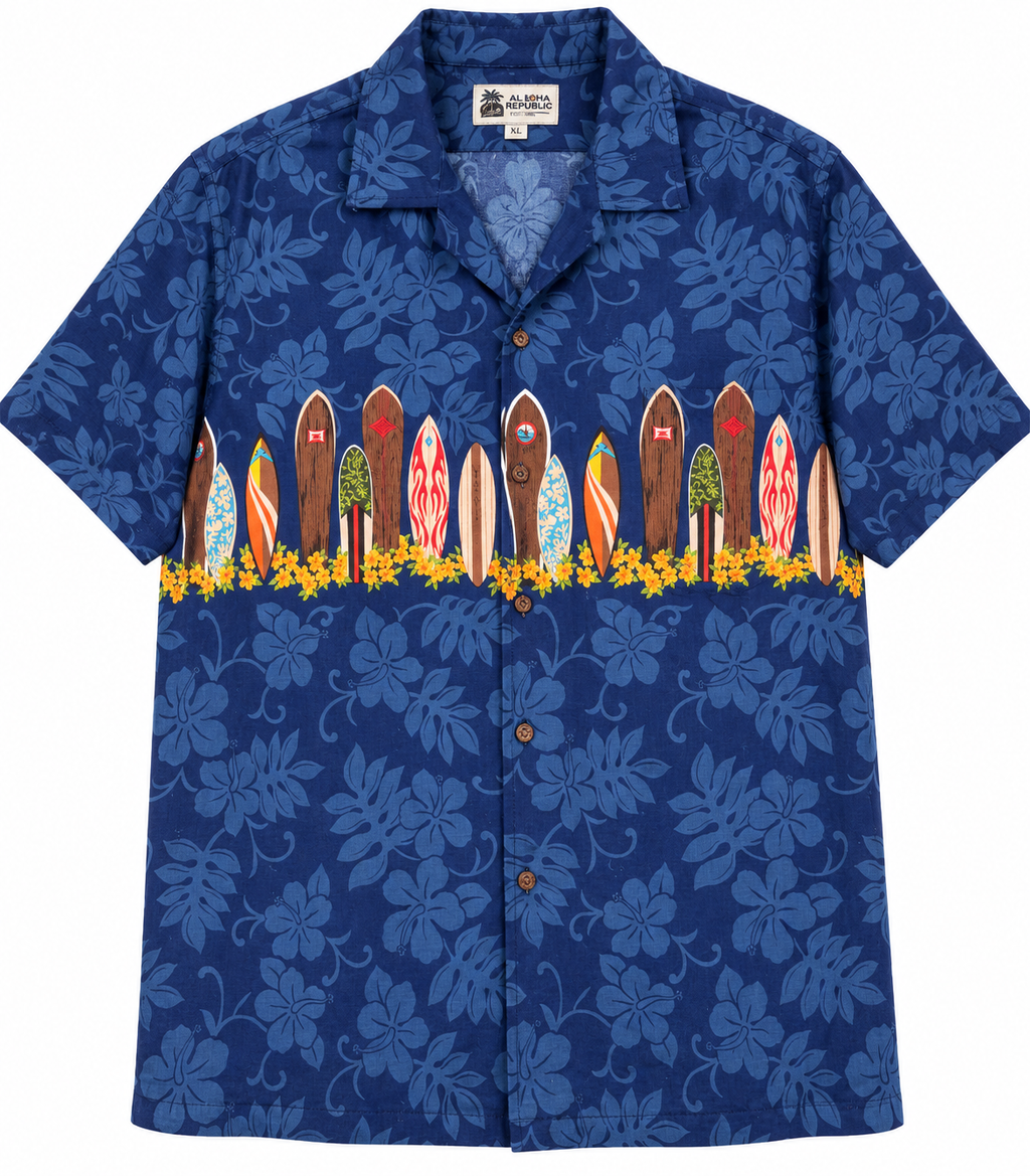 Aloha Republic Hawaiian Shirt 2XL Blue Surfboard Hibiscus Made In Hawaii USA