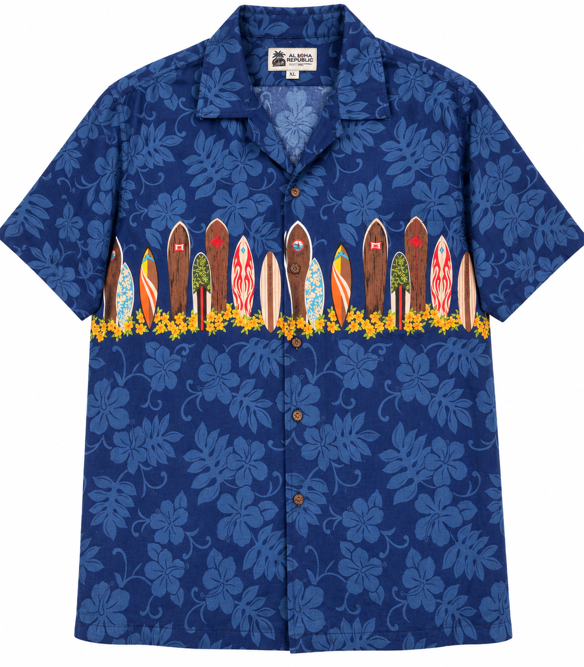 Aloha Republic Hawaiian Shirt 2XL Blue Surfboard Hibiscus Made In Hawaii USA