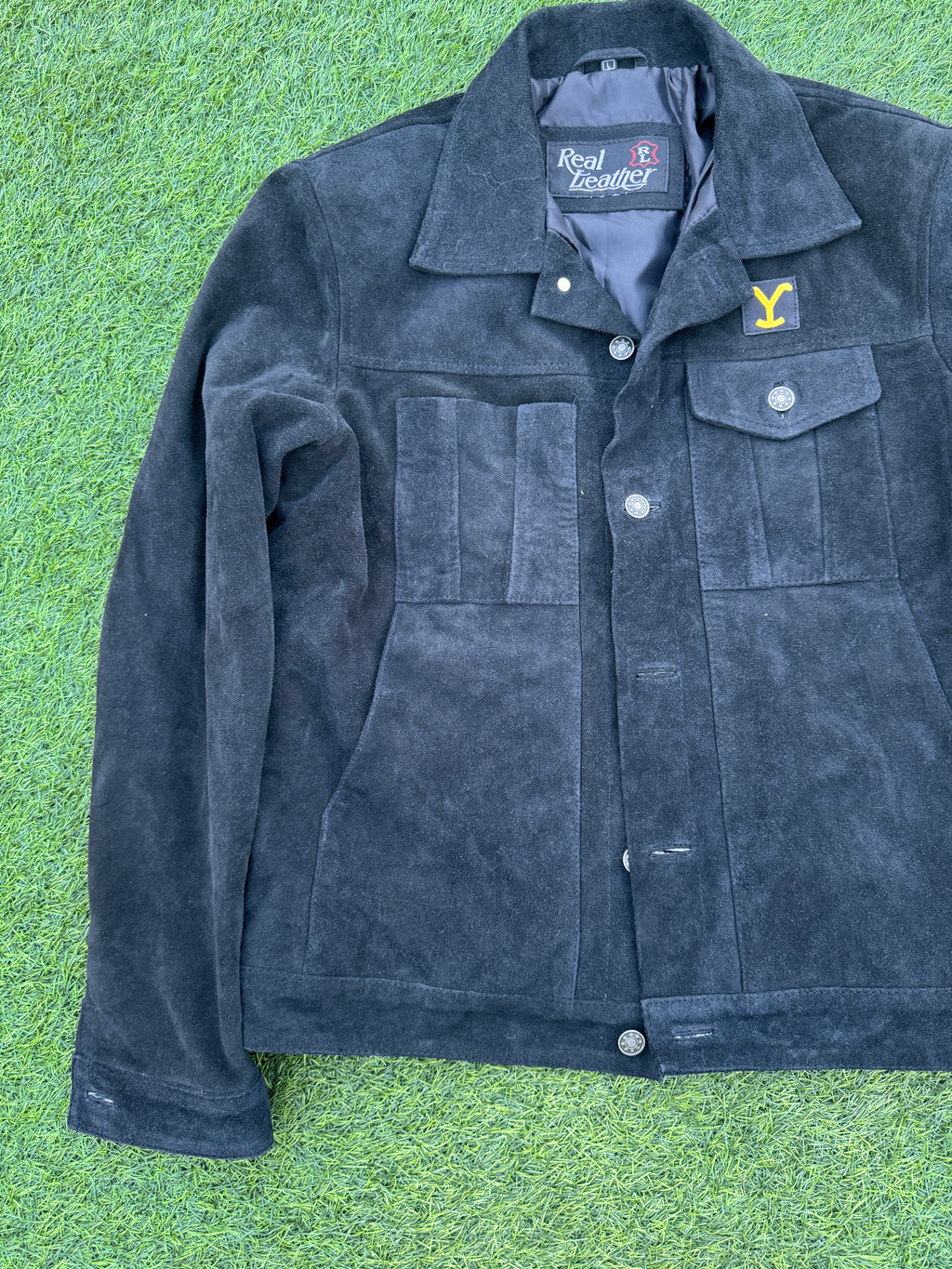 Mens Vintage Black Suede Leather Trucker Jacket Western Ranch Y Patch Size Large
