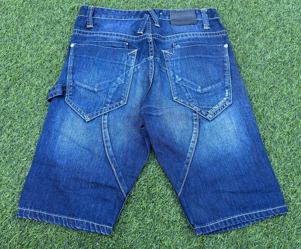 Mens Y2K Denim Cargo Shorts W 32 Blue Baggy Skater Carpenter Long 2000s