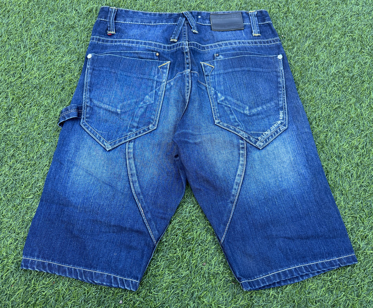 Mens Y2K Denim Cargo Shorts W 32 Blue Baggy Skater Carpenter Long 2000s