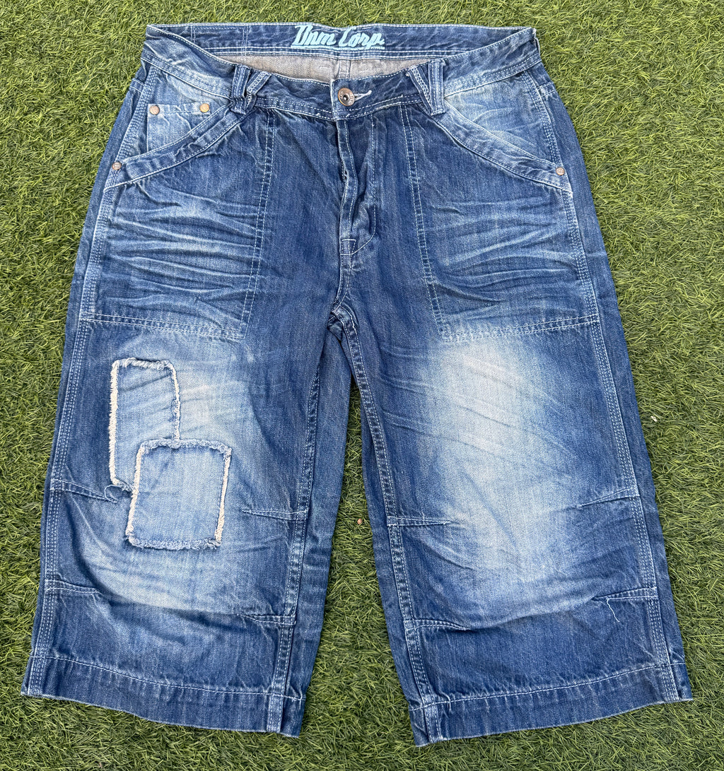 Mens W34 Baggy Denim Jorts Y2K Skater Patchwork Long Shorts Blue