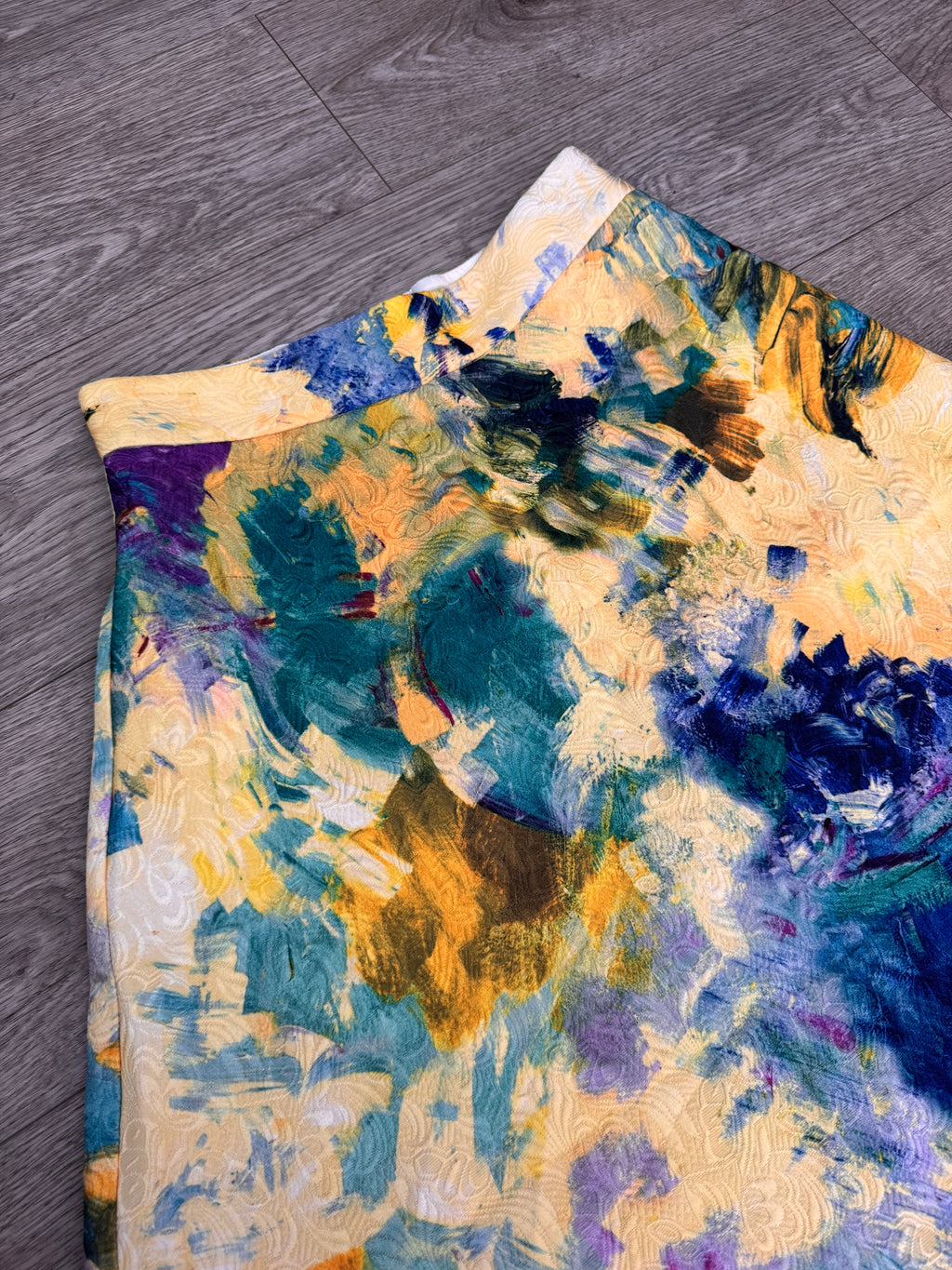 Womens Abstract Print Midi Skirt Colourful Yellow Blue A Line Textured W 30