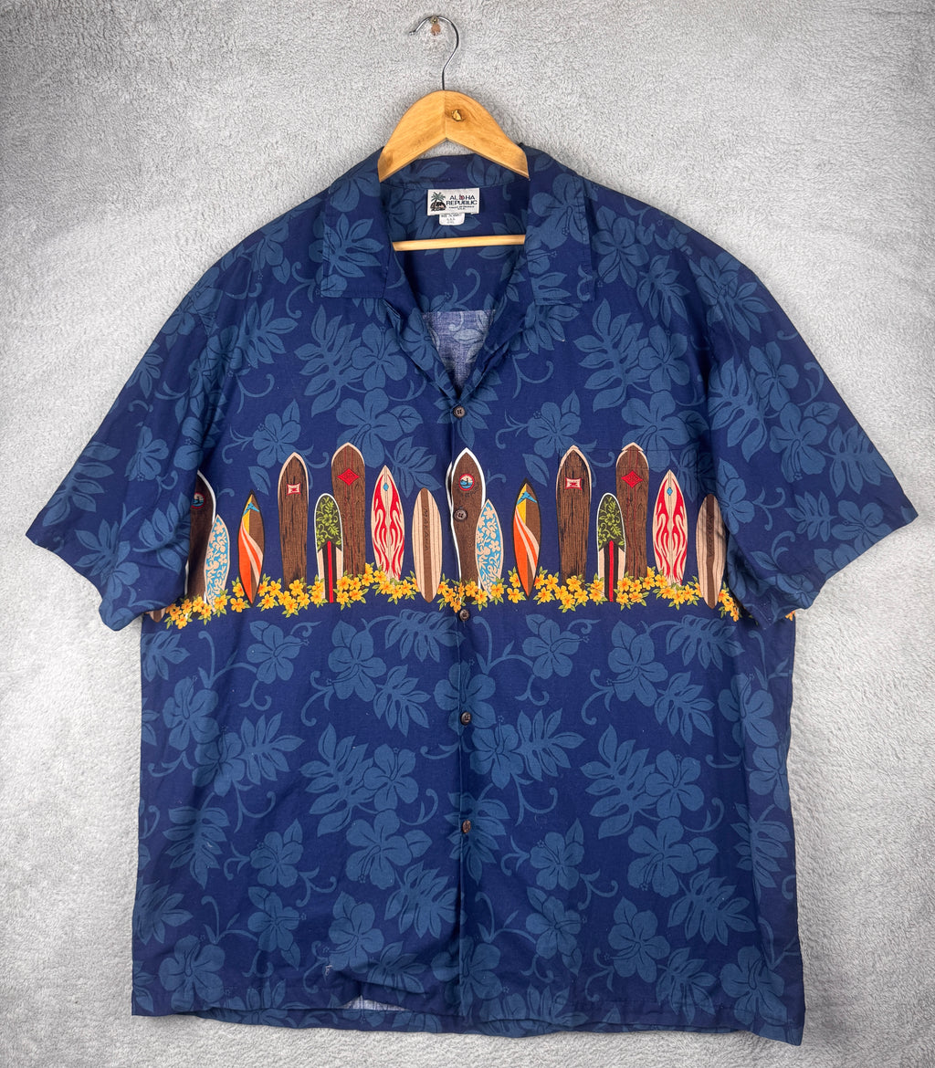 Aloha Republic Hawaiian Shirt 2XL Blue Surfboard Hibiscus Made In Hawaii USA