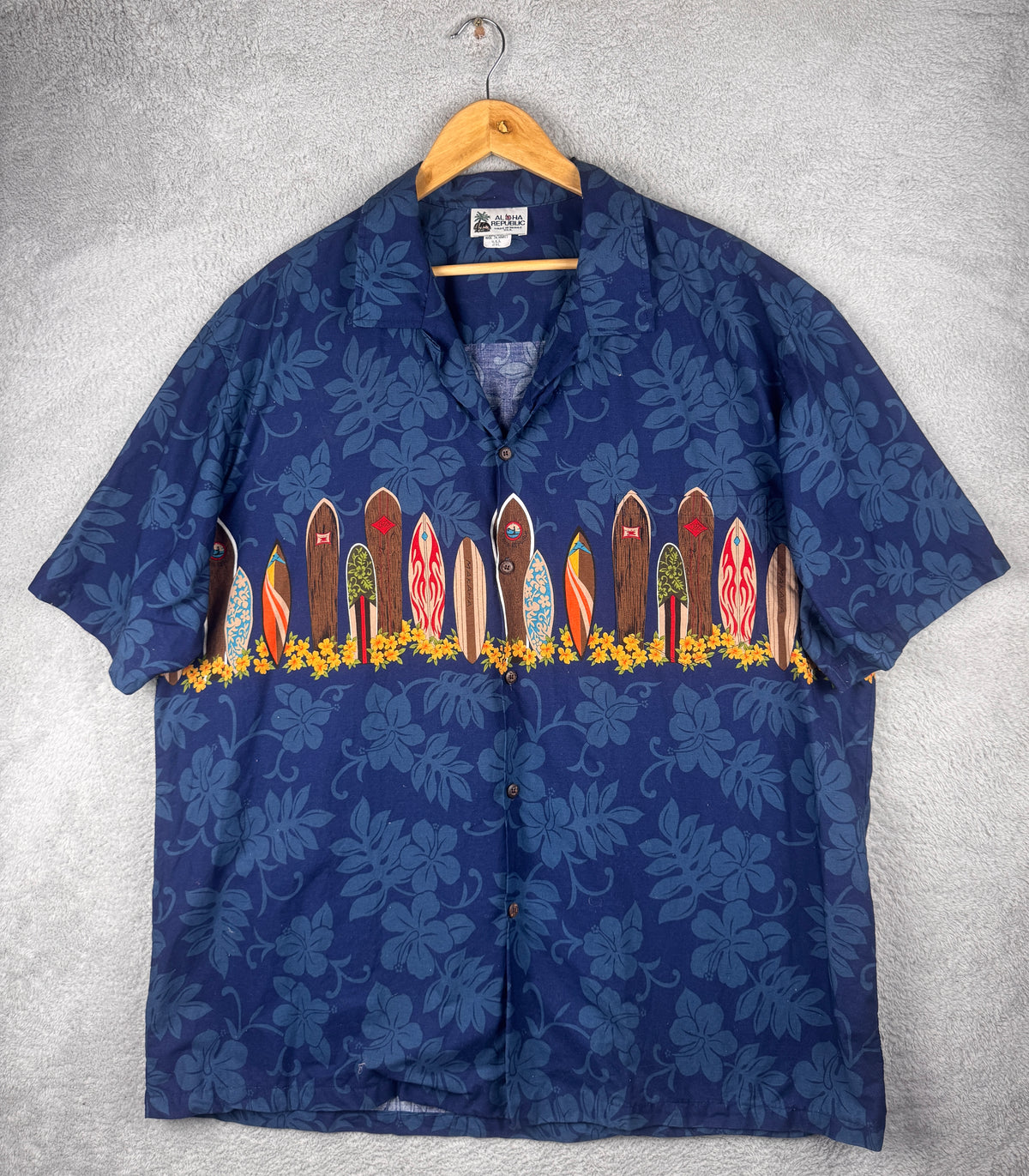 Aloha Republic Hawaiian Shirt 2XL Blue Surfboard Hibiscus Made In Hawaii USA