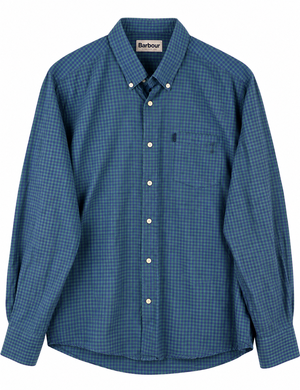 Barbour Mens Shirt Large Blue Green Gingham Check Tailored Fit