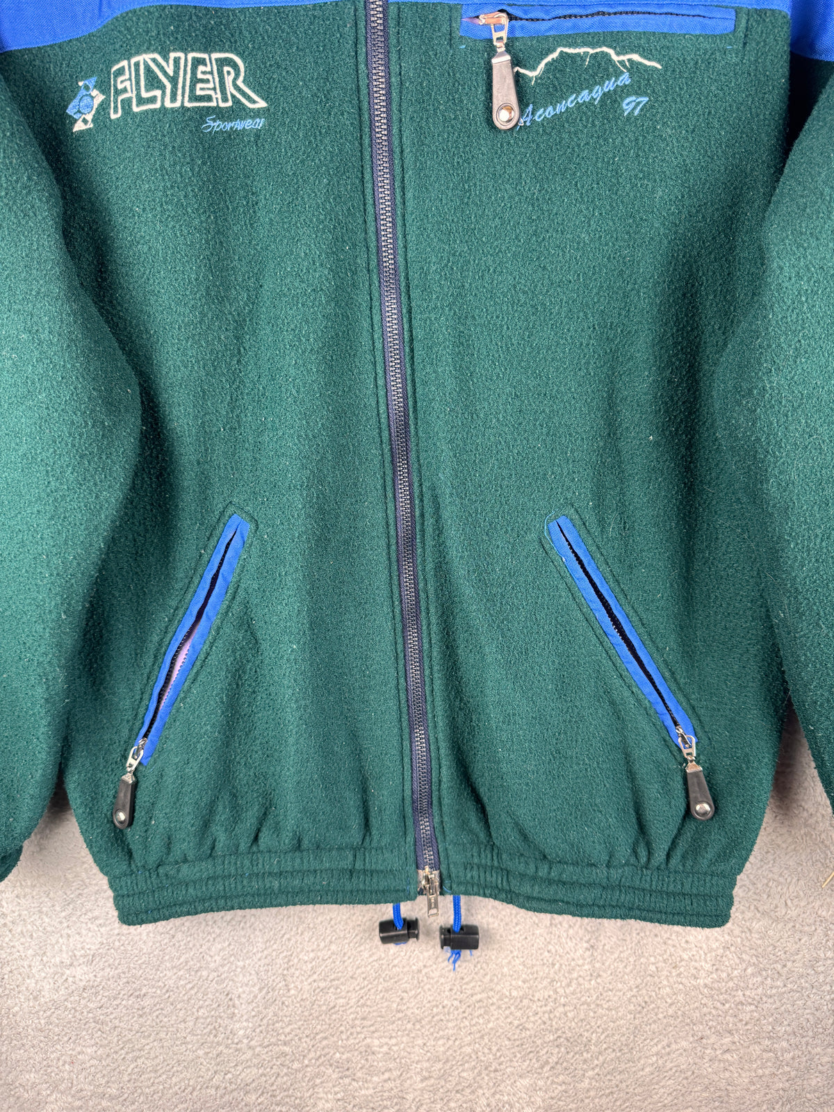 Vintage 90s Flyer Italy Mens Medium Fleece Jacket Green Blue Aconcagua 97 Retro