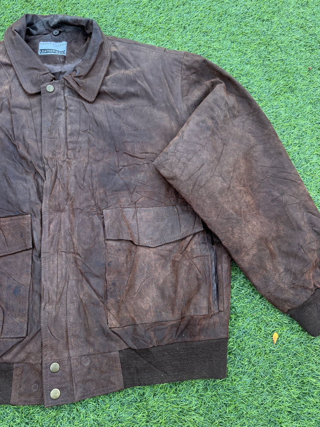 Rover & Lakes Mens XL Brown Leather Bomber Jacket Vintage Distressed