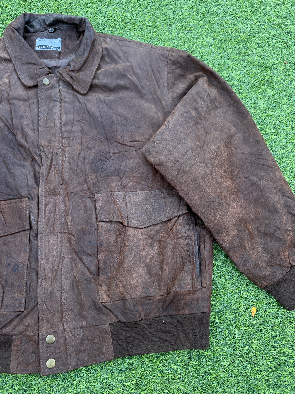 Rover & Lakes Mens XL Brown Leather Bomber Jacket Vintage Distressed