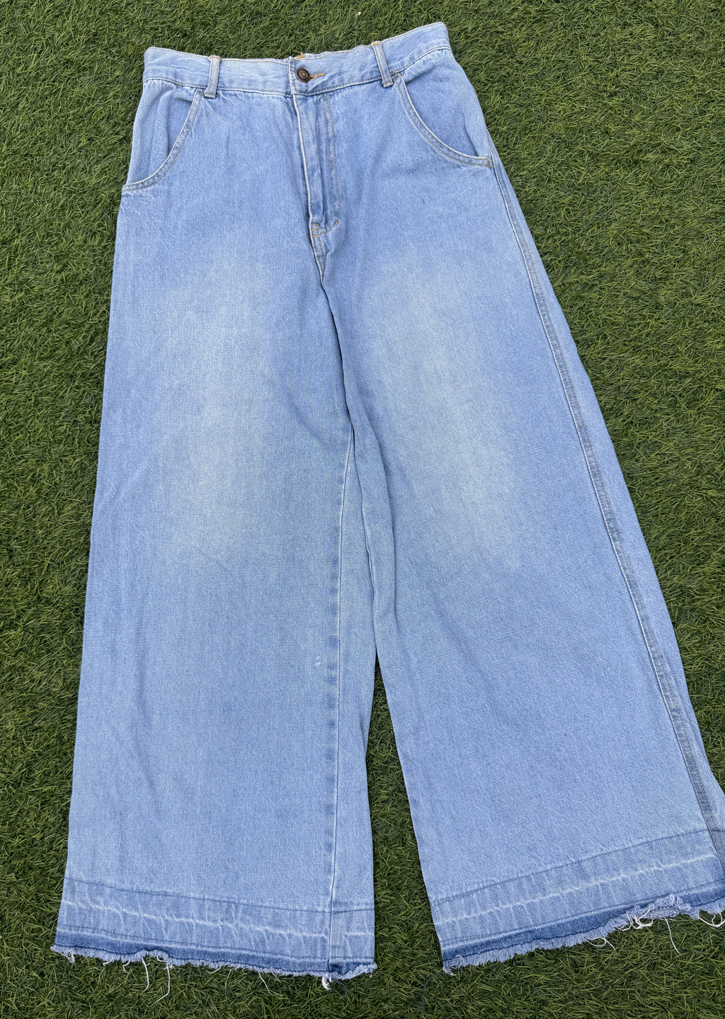 Womens Light Blue Wide Leg Jeans High Waist Baggy Raw Hem Y2K Denim W28