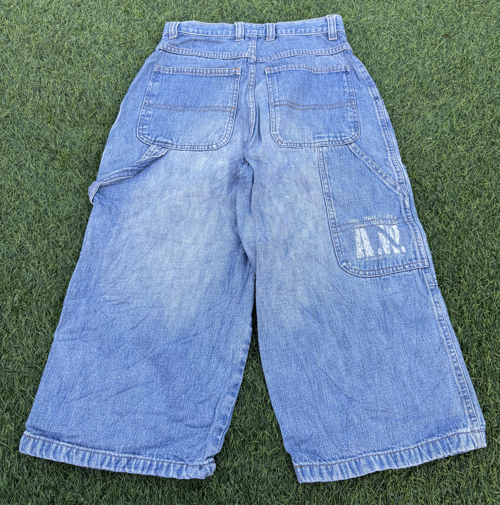 Active Wear Mens Denim Cargo Shorts W28 Blue Baggy Long Y2K Skater Utility