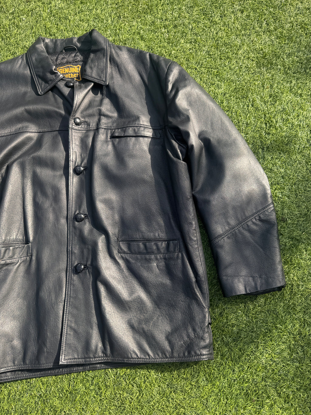 Mens Genuine Leather Jacket Large L Black Vintage Car Coat Button Collared
