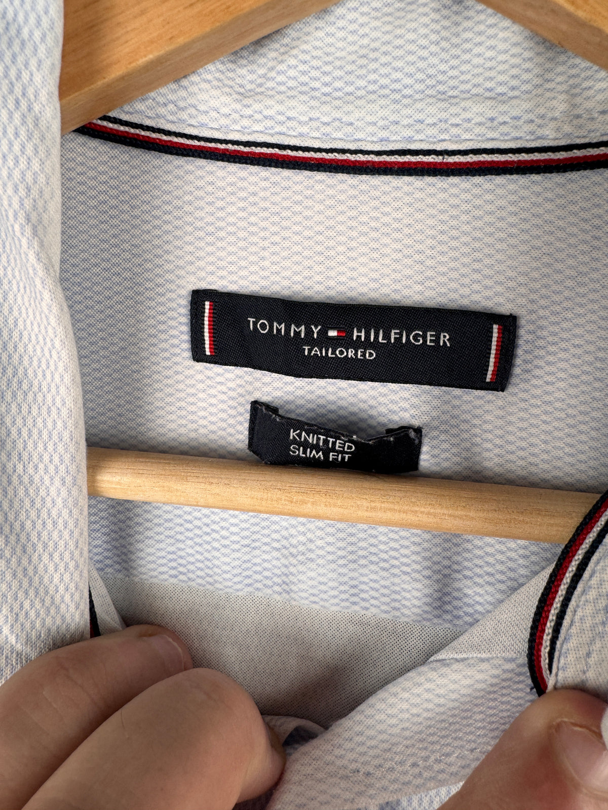 Tommy Hilfiger Tailored Mens Size 16.5 Shirt Blue Knitted Slim Fit Long Sleeve