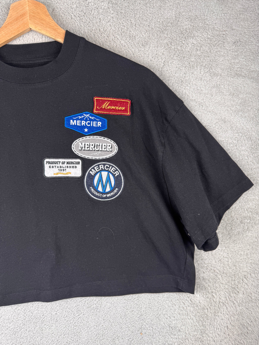 Mercier Womens Medium Cropped T Shirt Black Embroidered Patch Logo