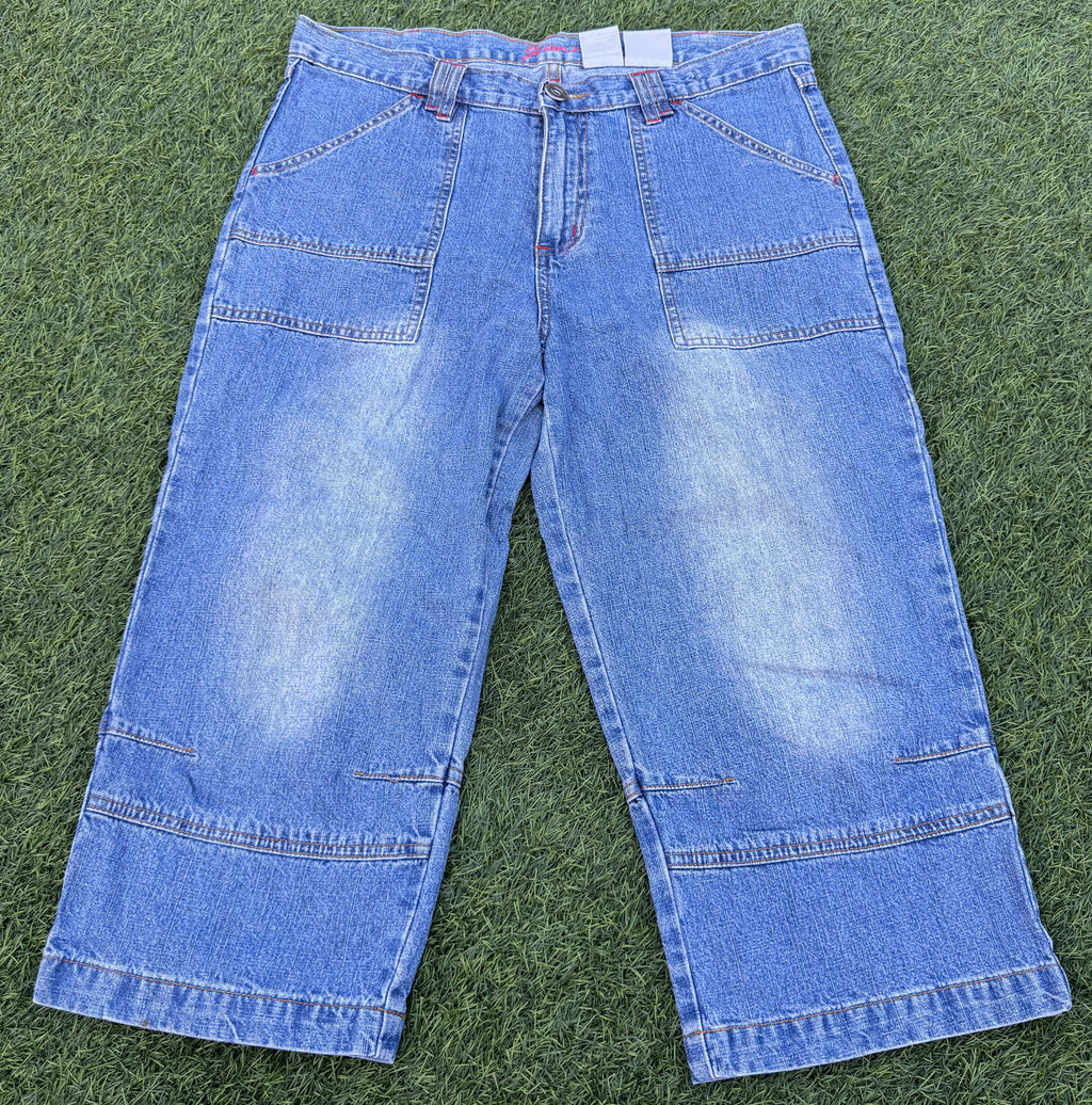 Mens W34 Baggy Denim Jorts Blue Y2K Skater Wide Leg Carpenter Shorts