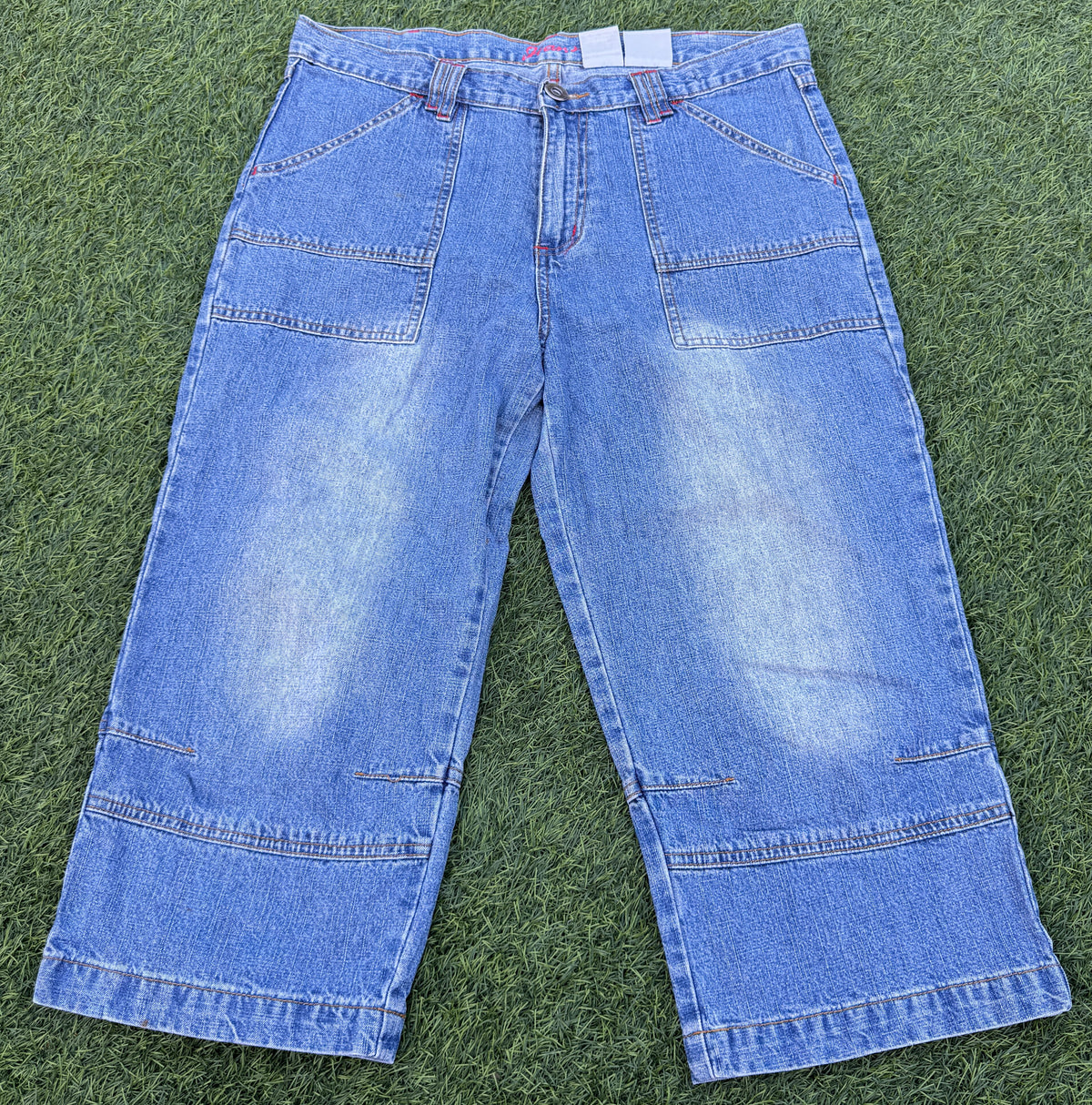 Mens W34 Baggy Denim Jorts Blue Y2K Skater Wide Leg Carpenter Shorts