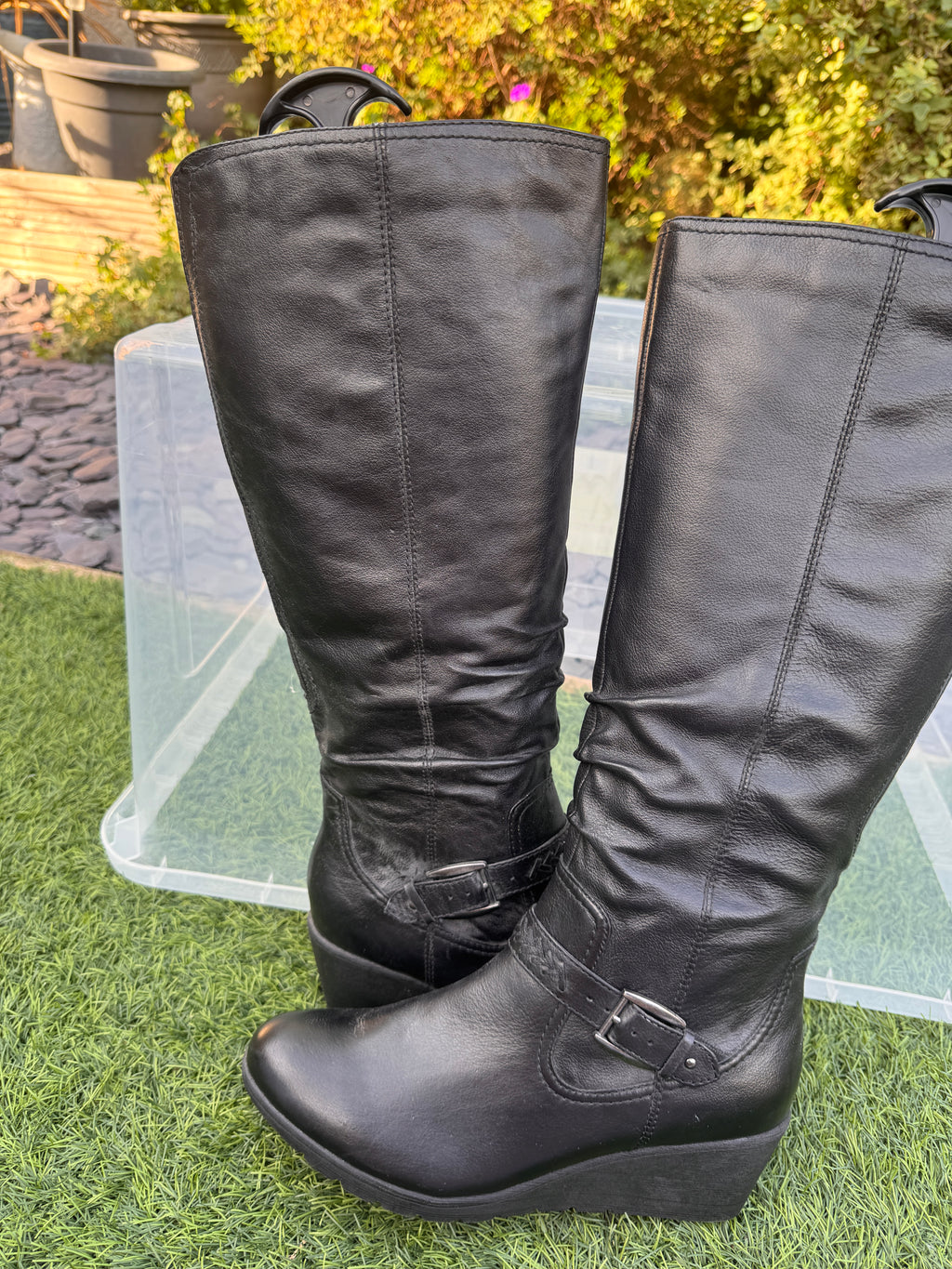 M&S Footglove Womens Black Leather Knee High Boots UK 6 Wedge Buckle