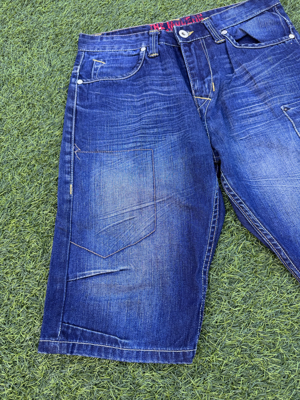Mens Y2K Denim Cargo Shorts W 32 Blue Baggy Skater Carpenter Long 2000s