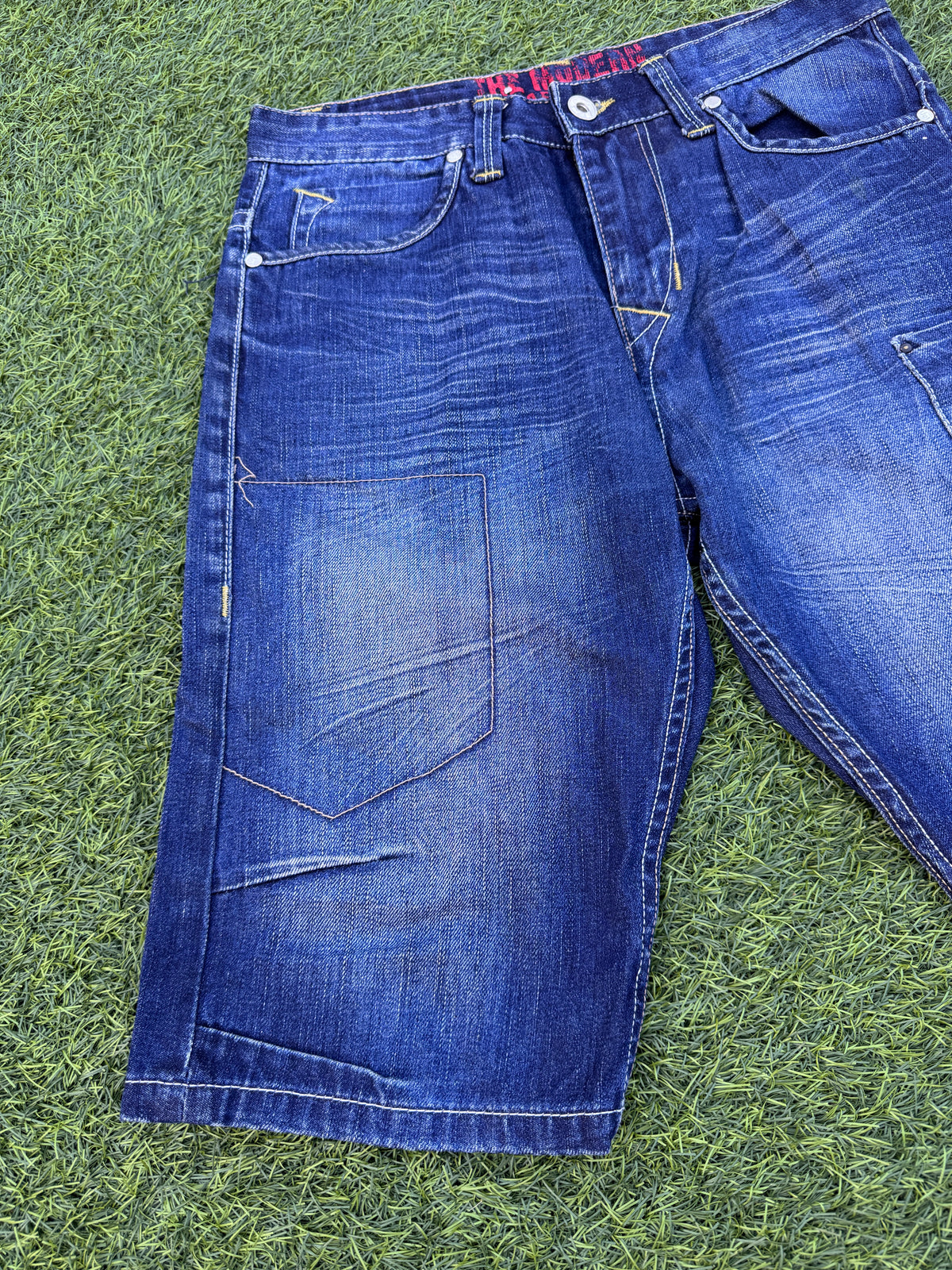 Mens Y2K Denim Cargo Shorts W 32 Blue Baggy Skater Carpenter Long 2000s