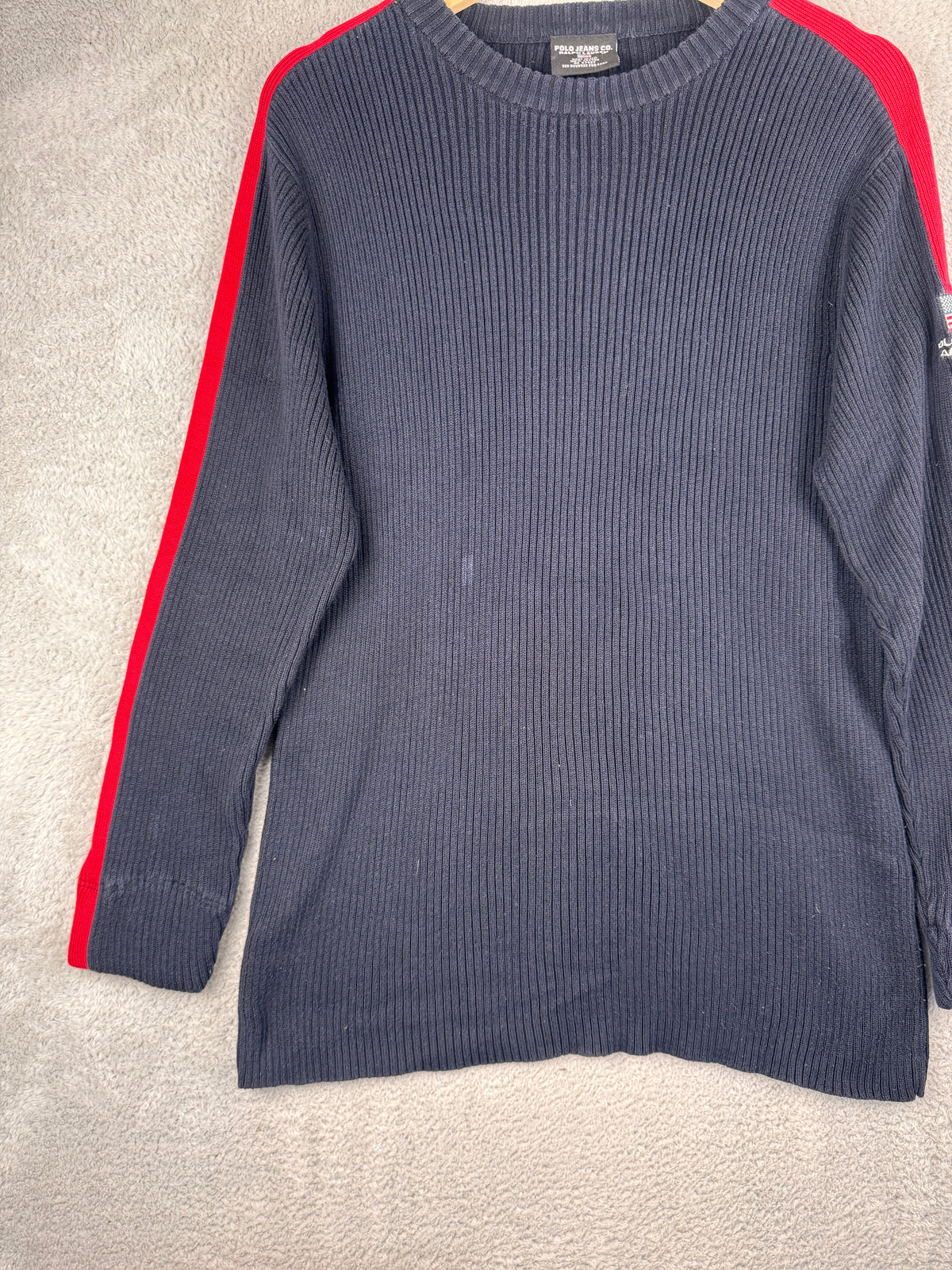 Polo Jeans Co Ralph Lauren Mens Medium Navy Ribbed Cotton Jumper USA Flag Y2K