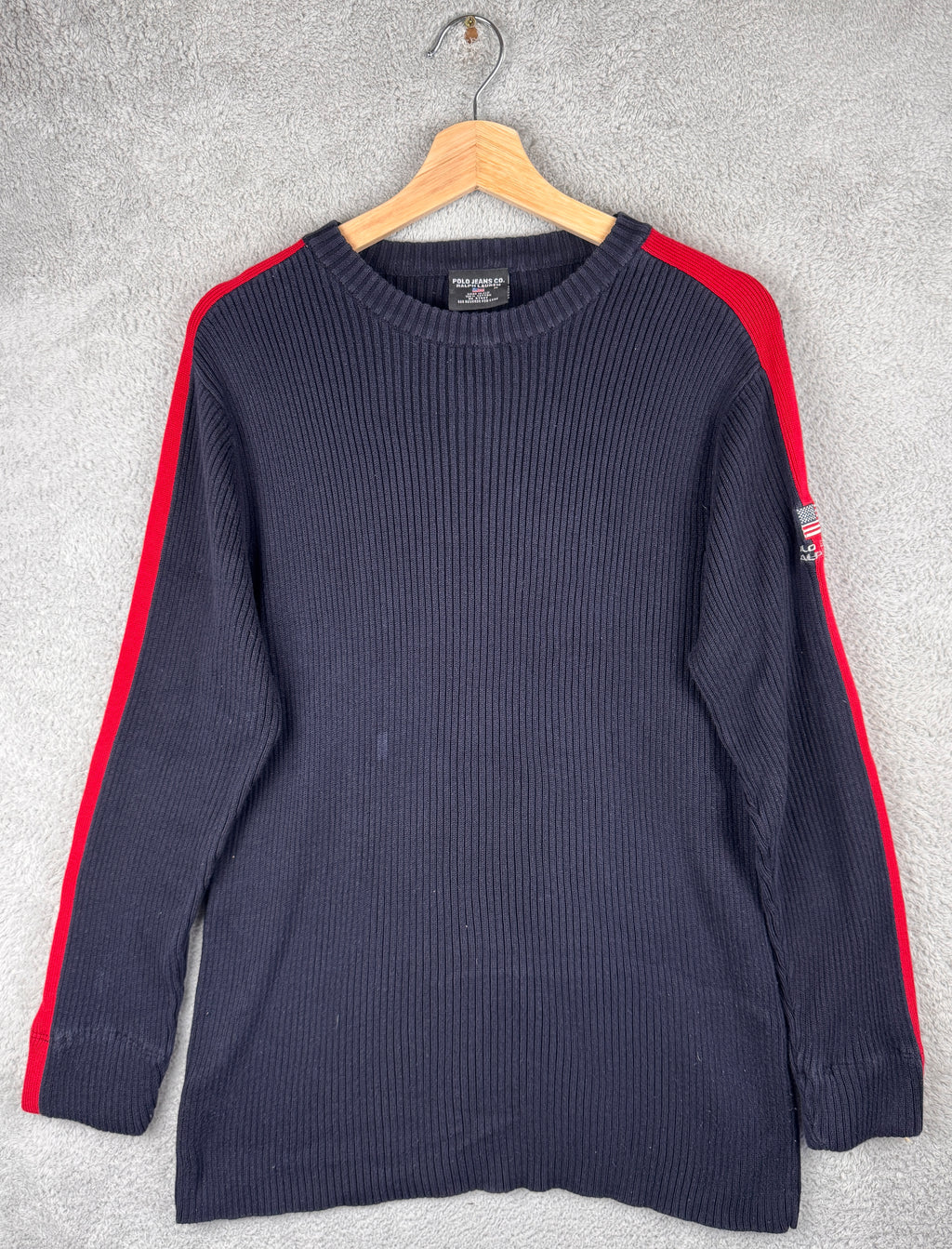 Polo Jeans Co Ralph Lauren Mens Medium Navy Ribbed Cotton Jumper USA Flag Y2K