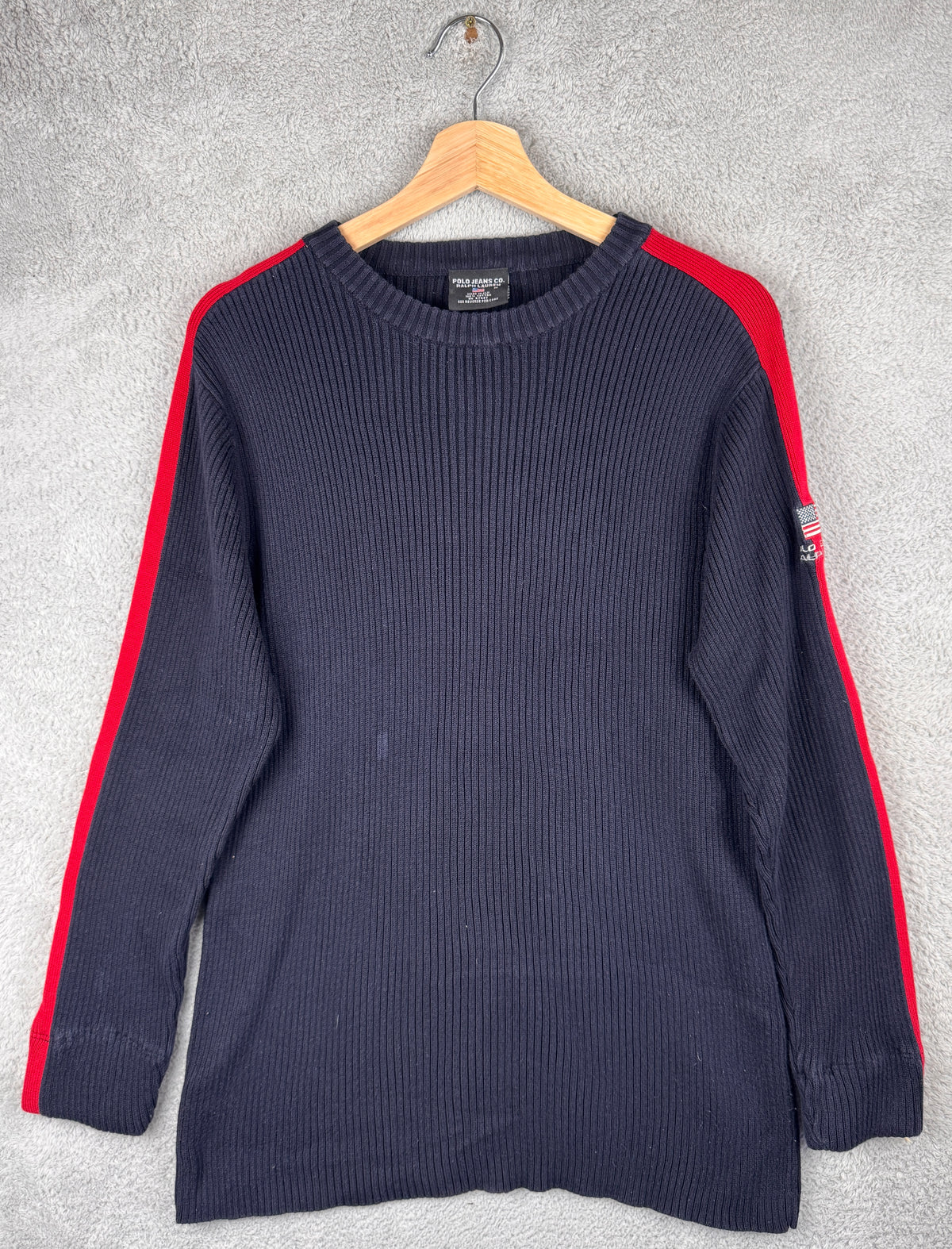 Polo Jeans Co Ralph Lauren Mens Medium Navy Ribbed Cotton Jumper USA Flag Y2K
