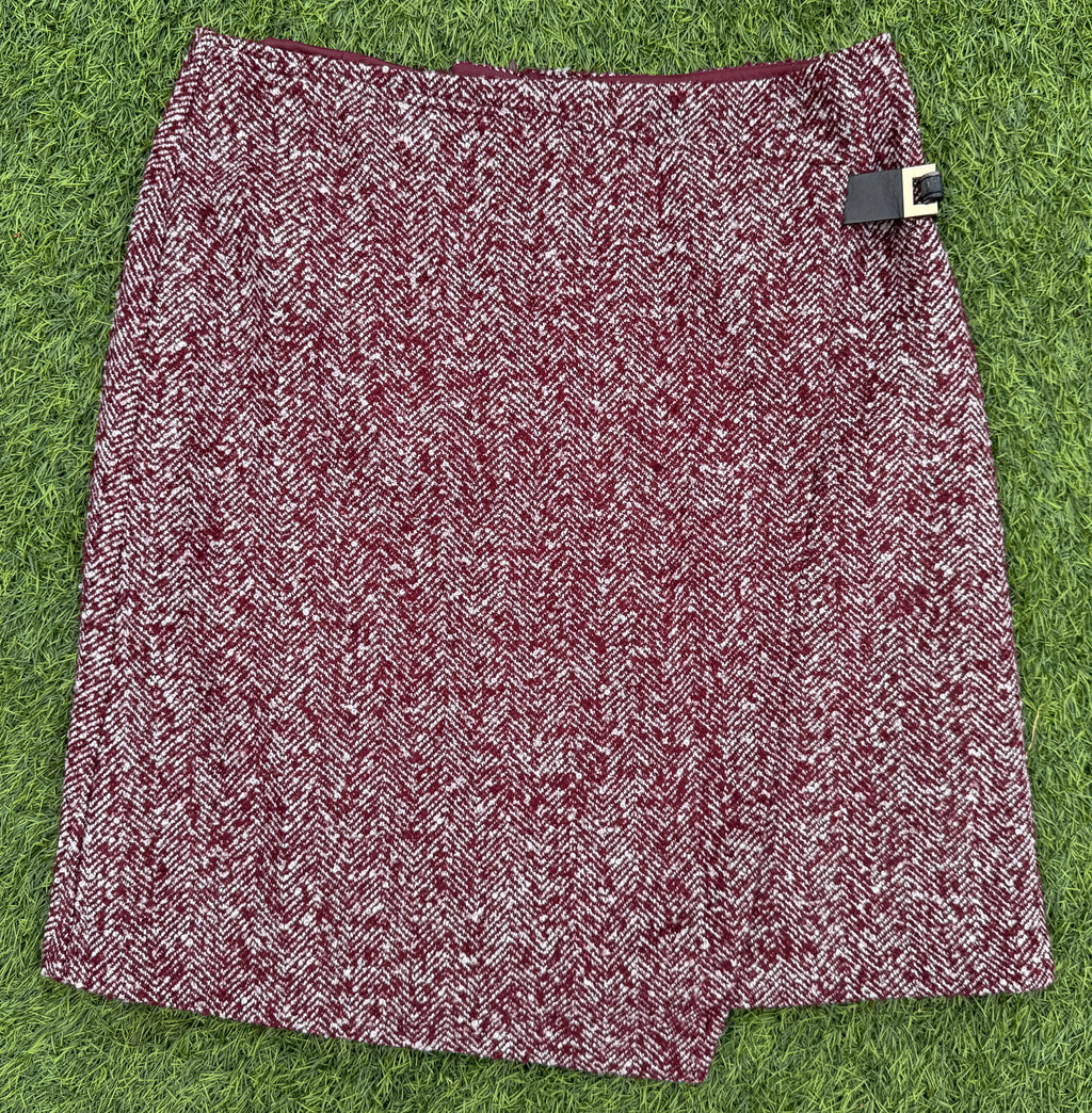 M&S Womens Skirt UK 12 Burgundy Wool Blend Herringbone Wrap Mini