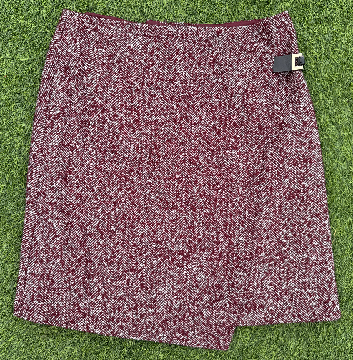 M&S Womens Skirt UK 12 Burgundy Wool Blend Herringbone Wrap Mini
