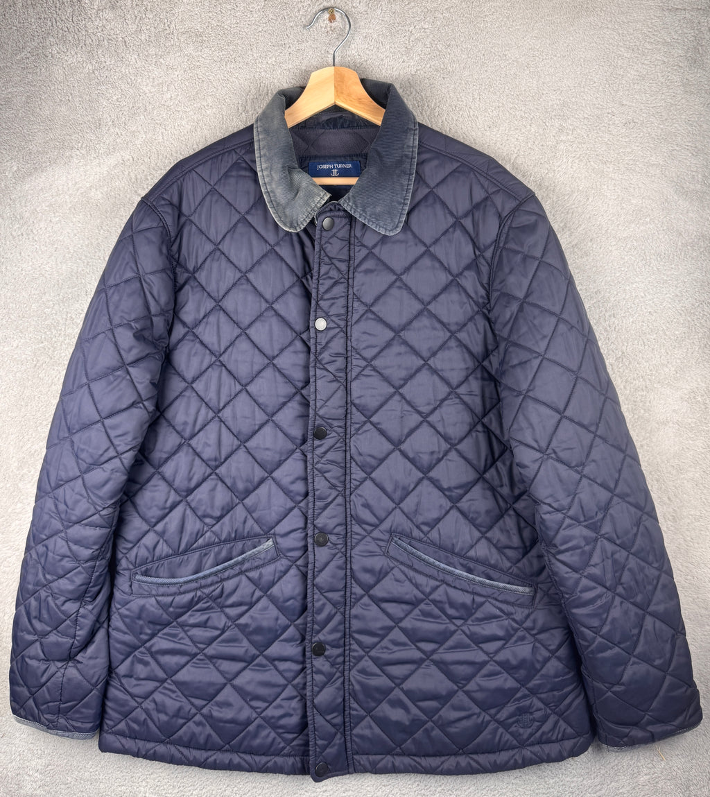 Joseph Turner Mens Medium Navy Blue Quilted Jacket Fleece Lined Country Coat