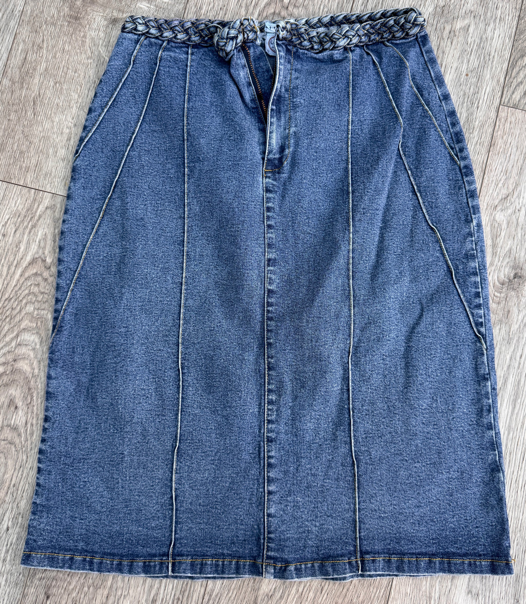 Carolina Blues Womens Denim Midi Skirt Size 10 Blue A Line Belted