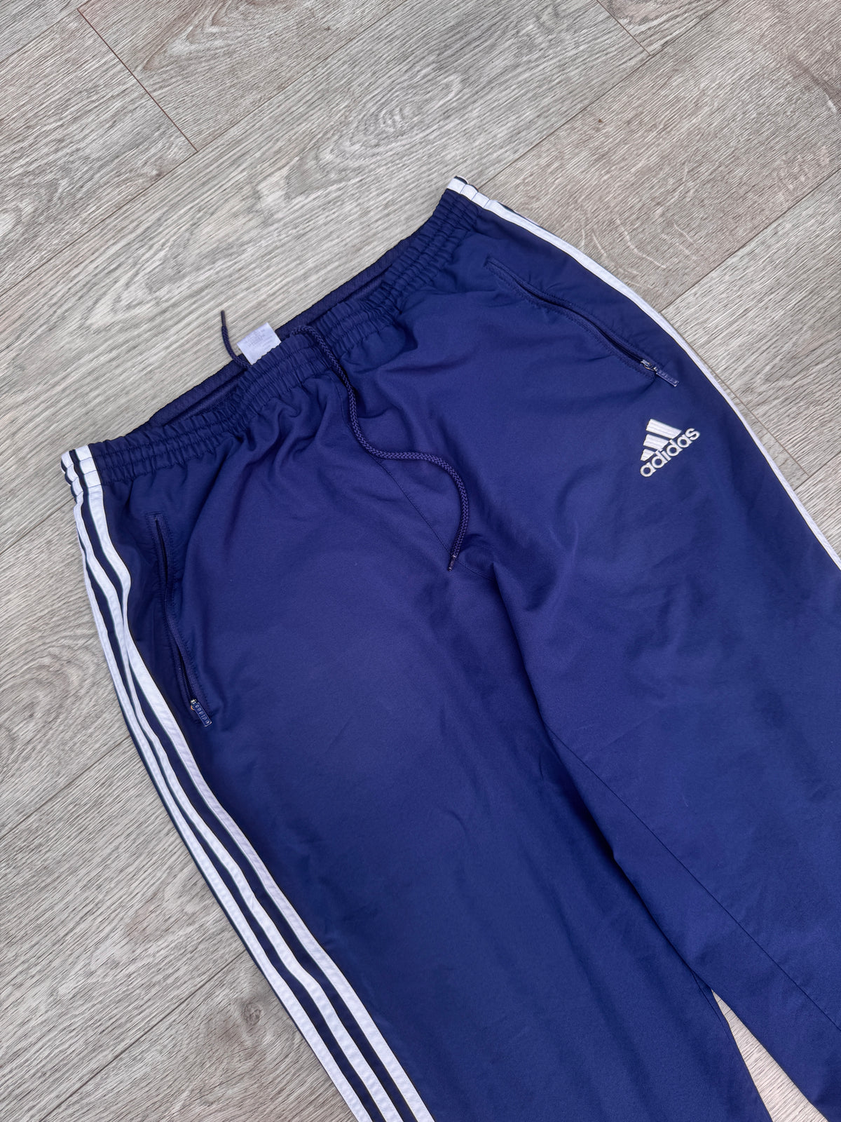 Adidas Navy Blue XL 90’s 3 Stripe Bottoms Joggers Track Pants Zip Pockets