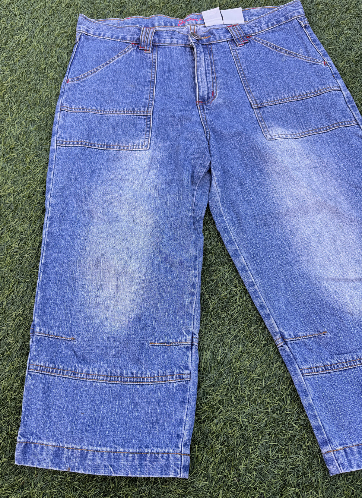 Mens W34 Baggy Denim Jorts Blue Y2K Skater Wide Leg Carpenter Shorts