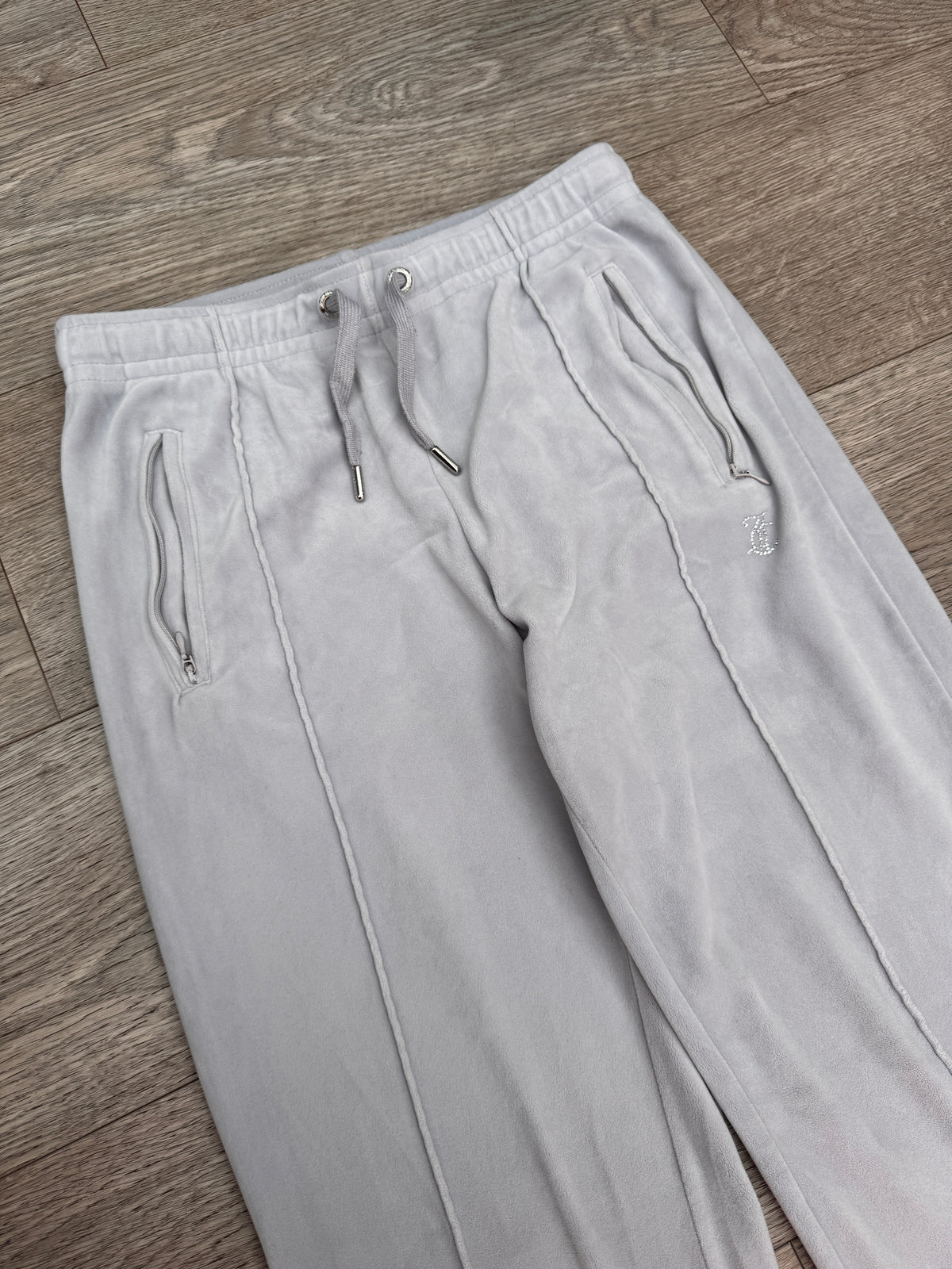 Juicy Couture Womens Velour Track Pants XS Grey Rhinestone Y2K Wide Leg