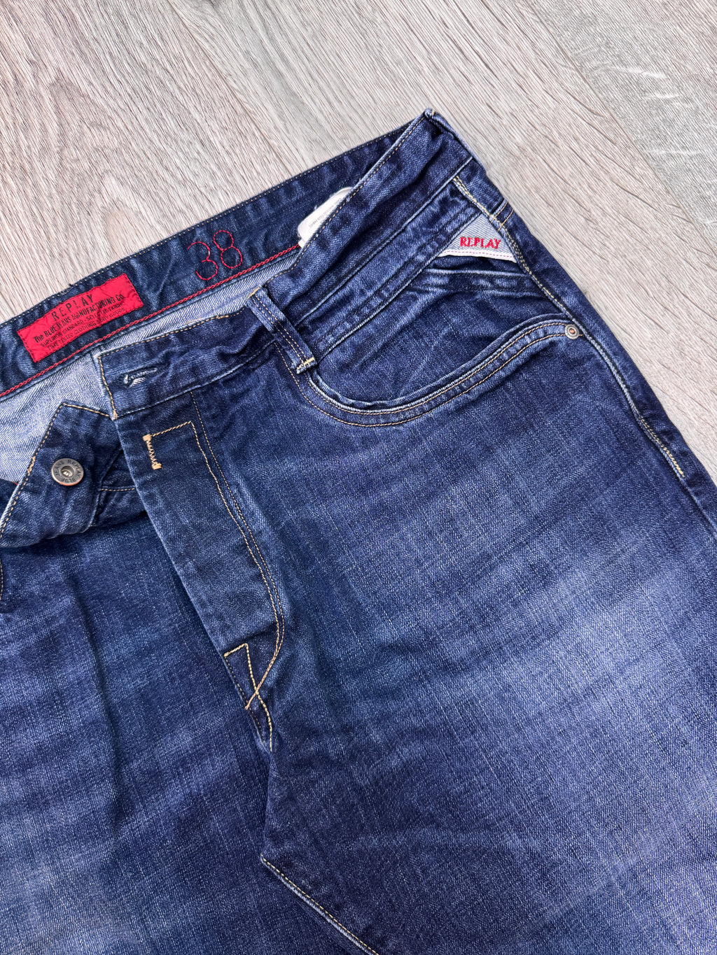 Replay Jimi M923 Jeans Mens W38 L34 Blue Denim Distressed Bootcut Y2K