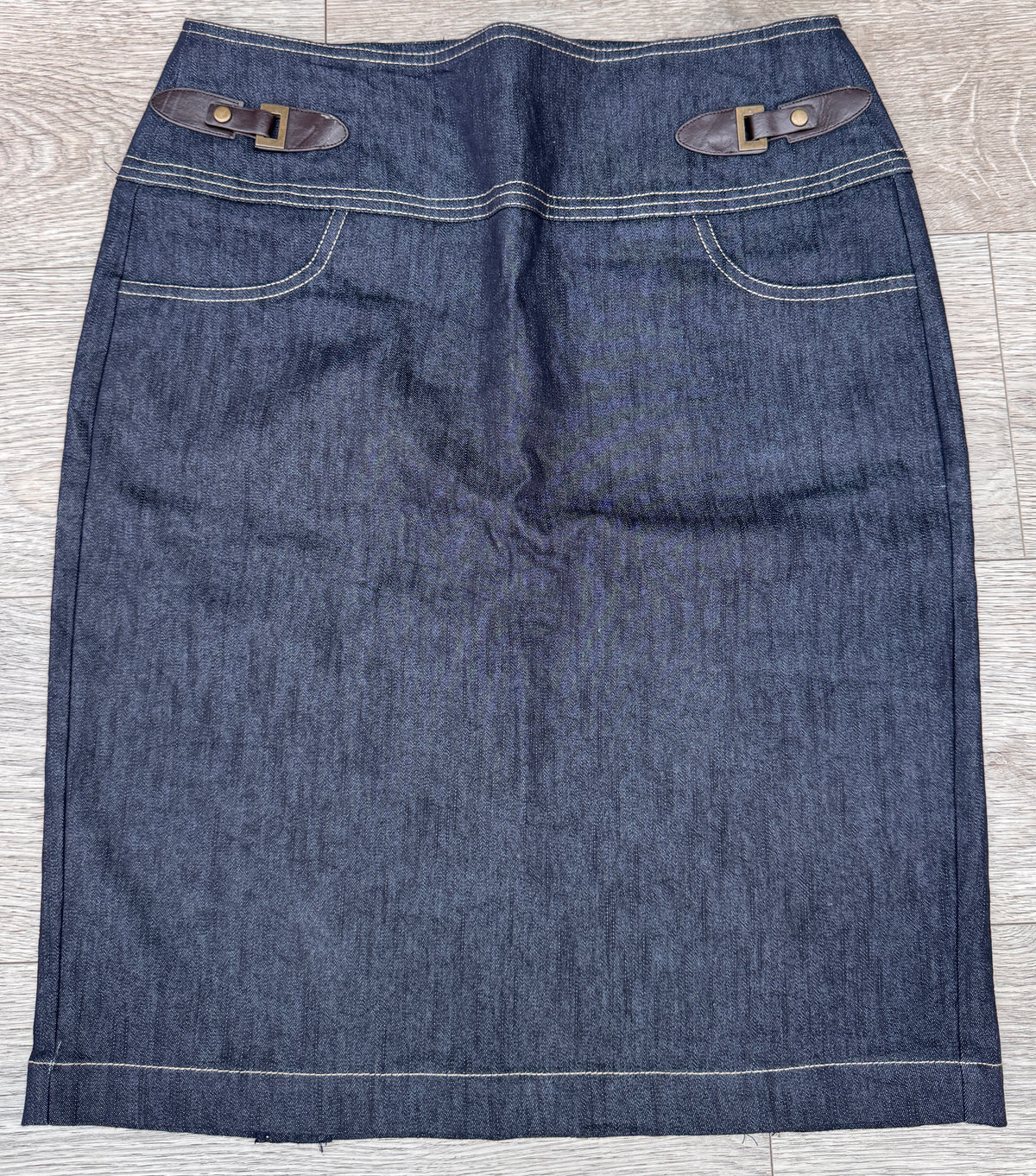 Dressbarn Womens Denim Midi Skirt UK 8 Blue Stretch Buckle Y2K Contrast Stitch