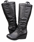 M&S Footglove Womens Black Leather Knee High Boots UK 6 Wedge Buckle