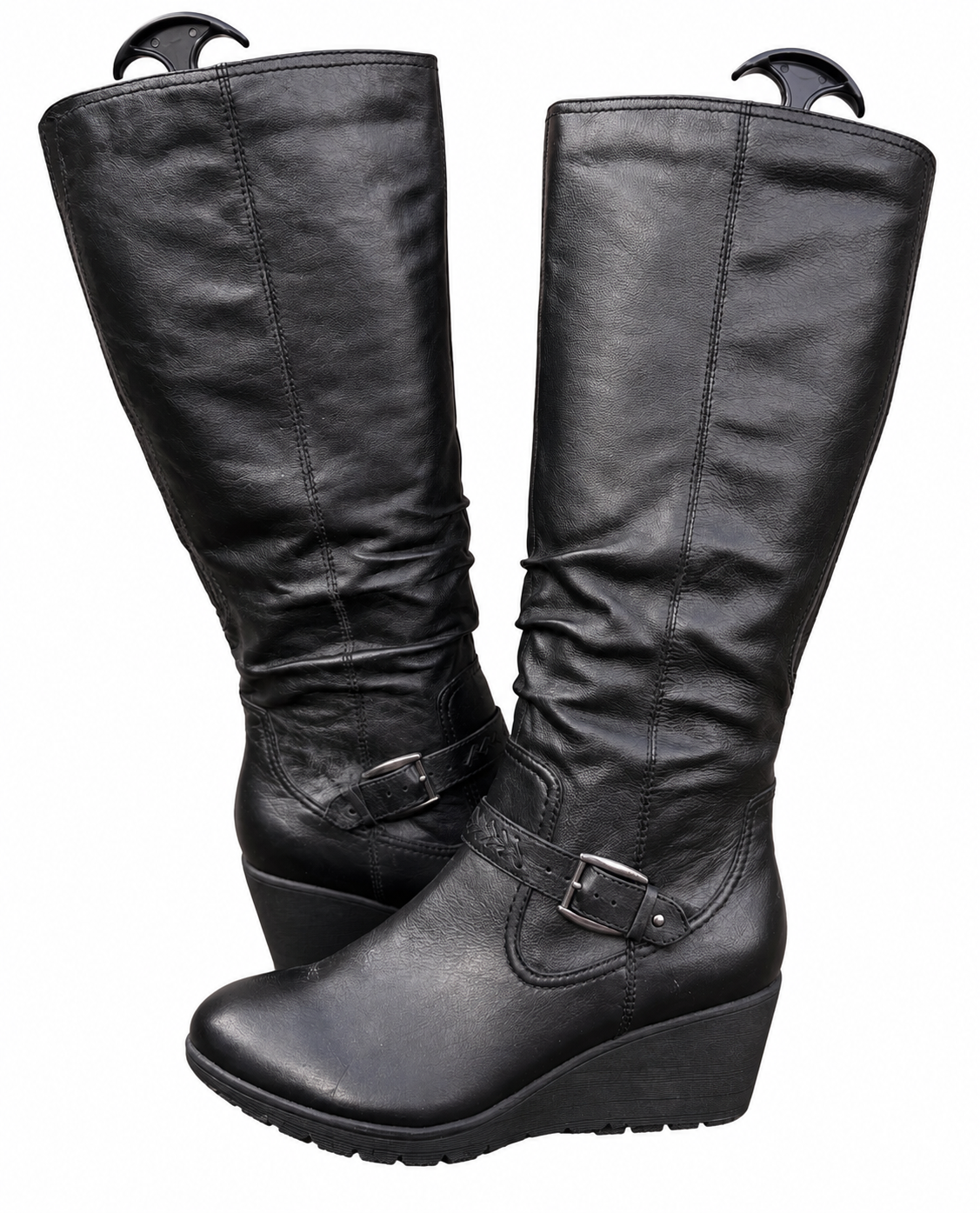 M&S Footglove Womens Black Leather Knee High Boots UK 6 Wedge Buckle