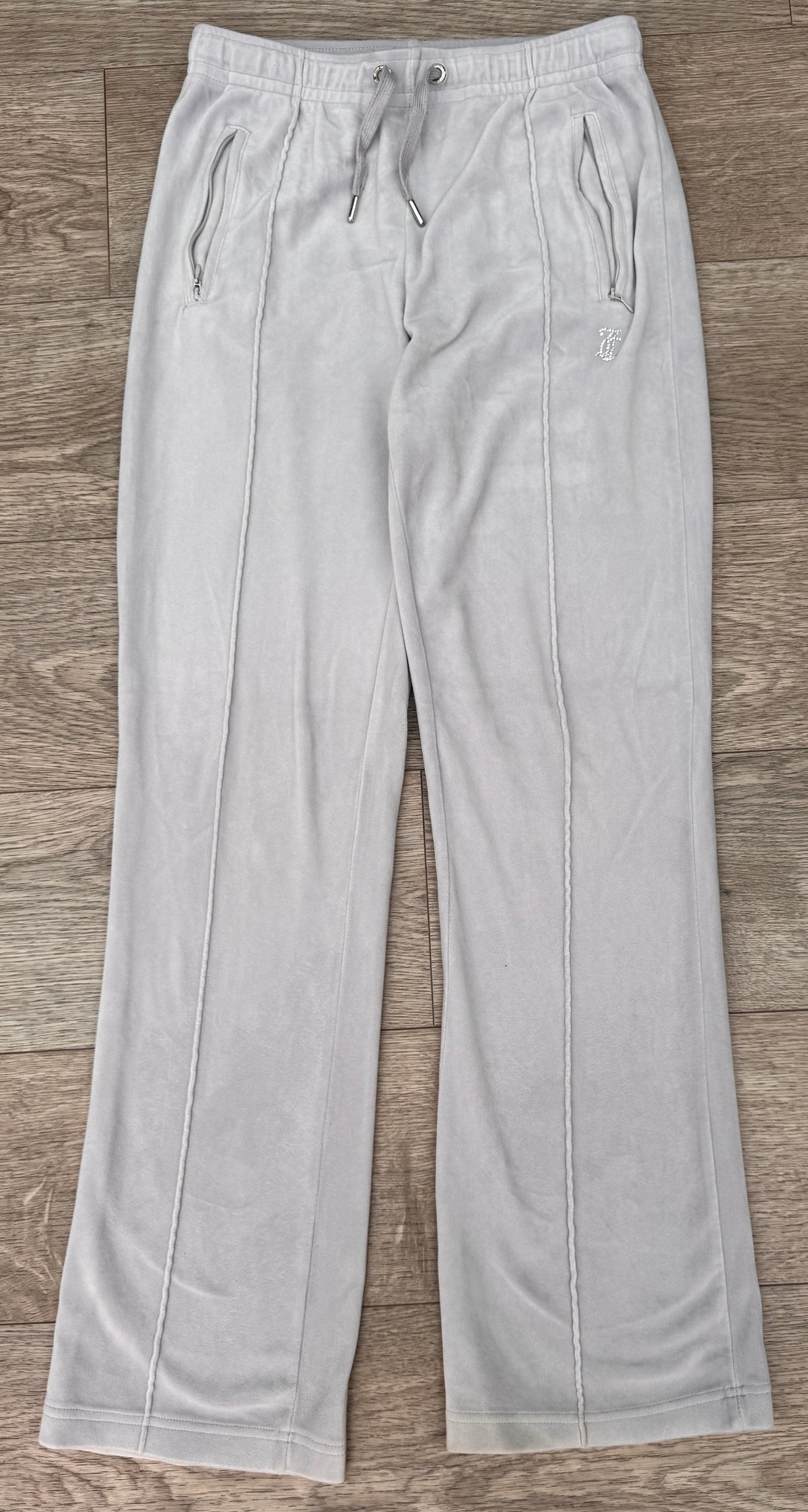 Juicy Couture Womens Velour Track Pants XS Grey Rhinestone Y2K Wide Leg