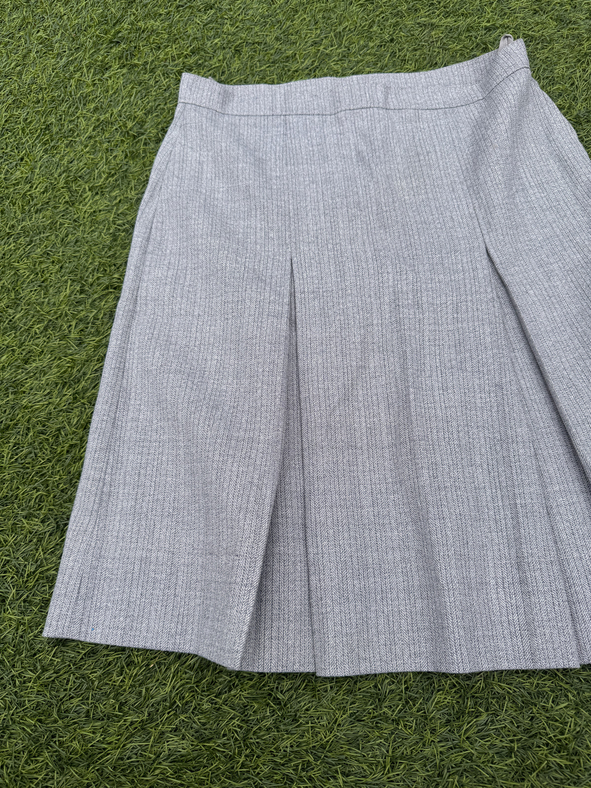 Womens Grey Herringbone Pleated A Line Midi Skirt Smart Office Work W26 Waist