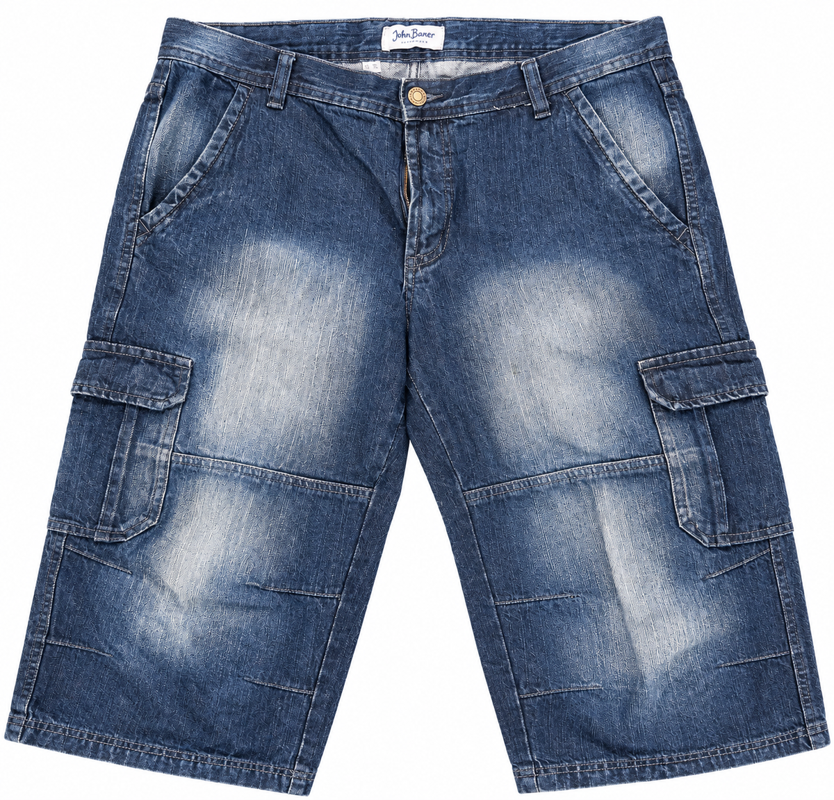 John Baner Mens Denim Cargo Shorts W38 Blue Distressed Long Baggy Utility Y2K