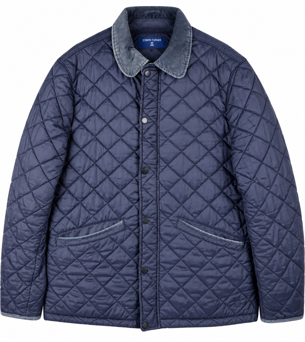 Joseph Turner Mens Medium Navy Blue Quilted Jacket Fleece Lined Country Coat