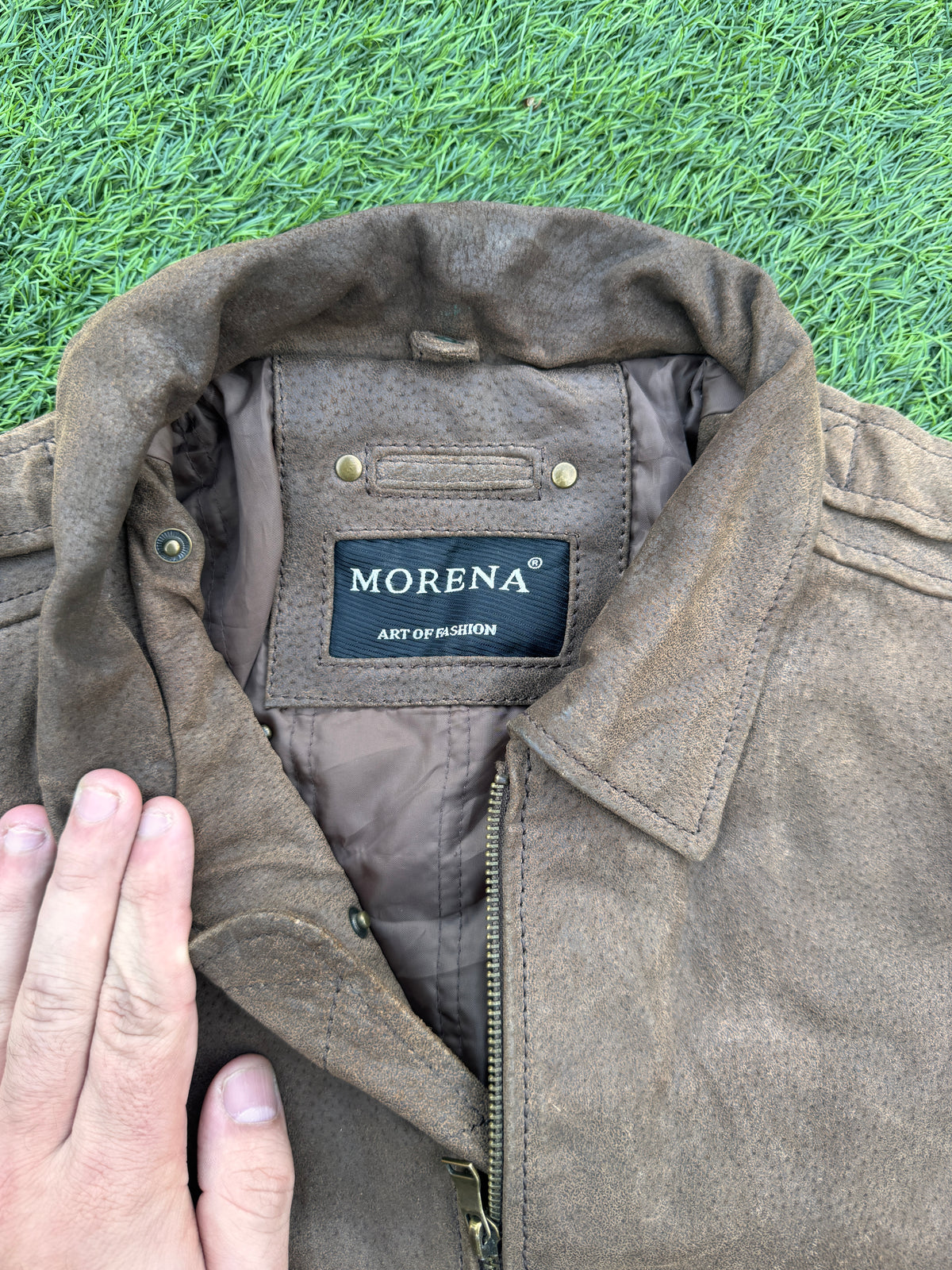 Morena Mens Brown Leather Bomber Jacket 42R XL Distressed Aviator Biker