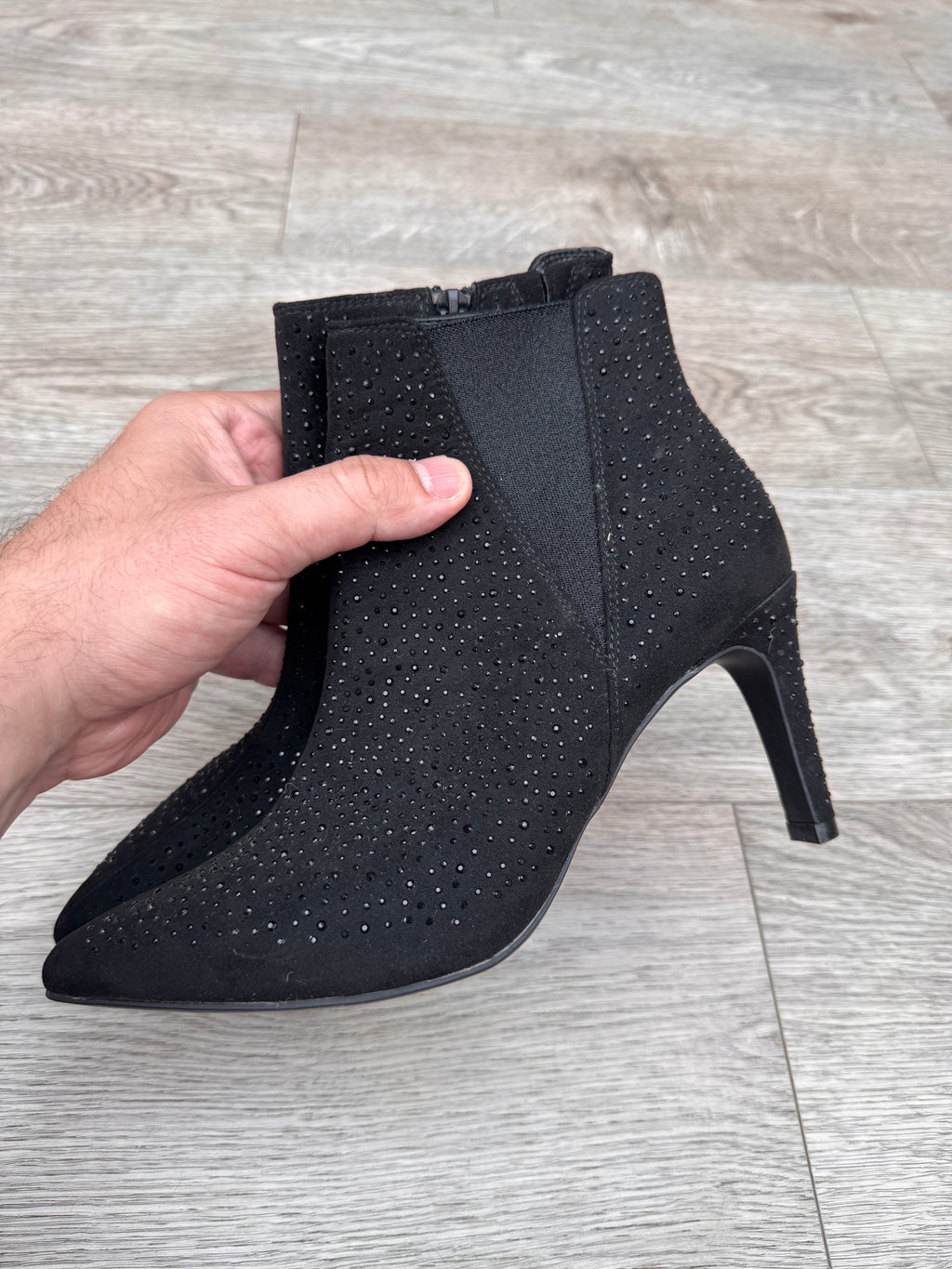 M&S Womens Ankle Boots UK 5.5 Black Diamante Stiletto Heel Pointed Toe Zip