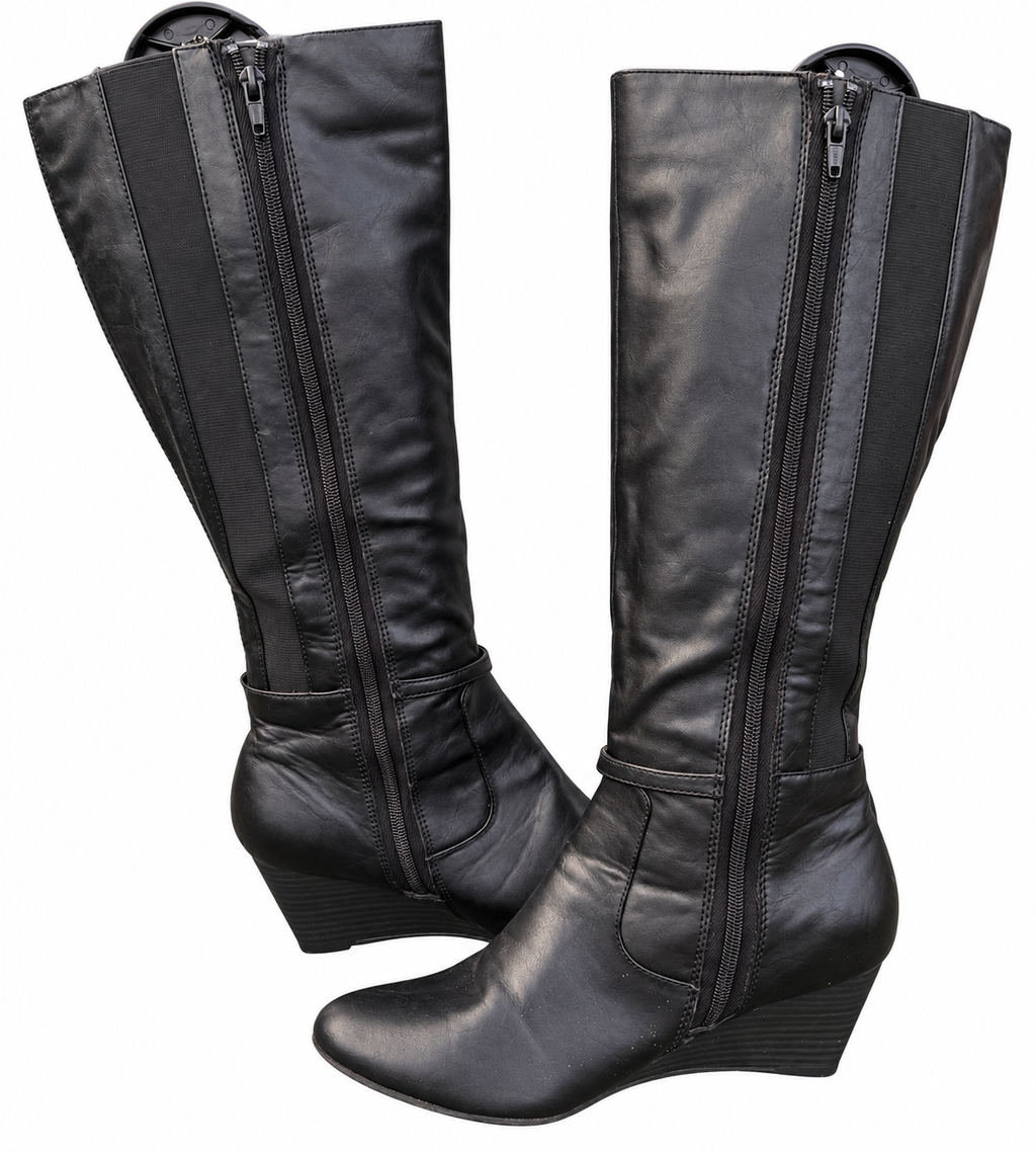 Womens Black Knee High Boots UK 6 Wedge Heel Stretch Calf Full Zip