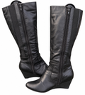 Womens Black Knee High Boots UK 6 Wedge Heel Stretch Calf Full Zip