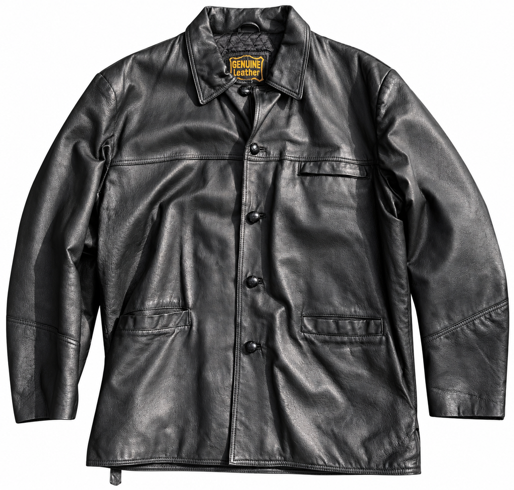 Mens Genuine Leather Jacket Large L Black Vintage Car Coat Button Collared