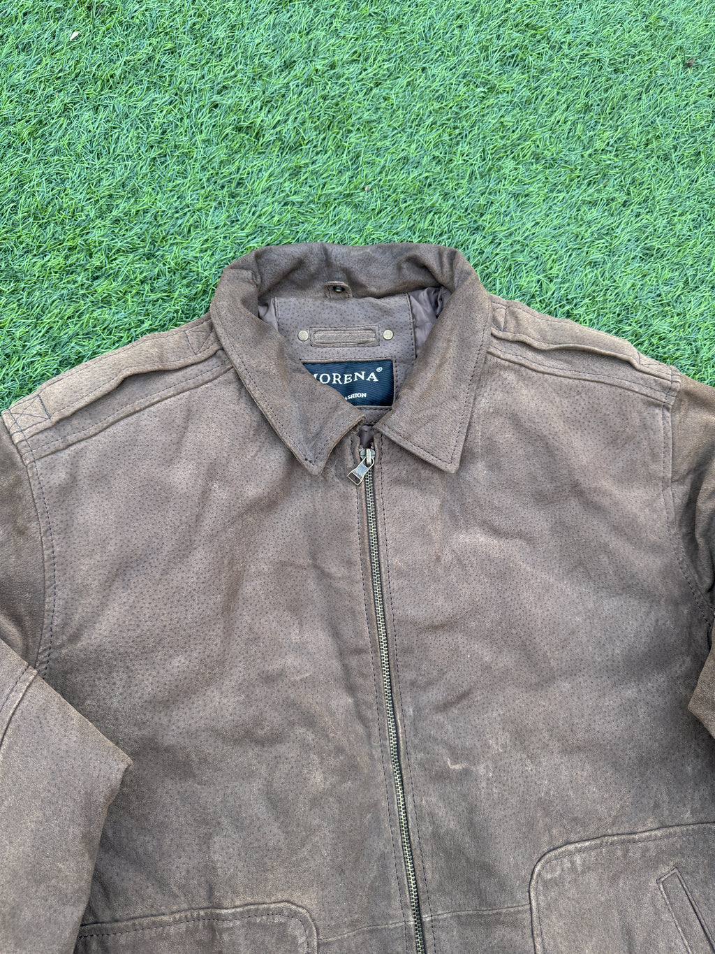 Morena Mens Brown Leather Bomber Jacket 42R XL Distressed Aviator Biker