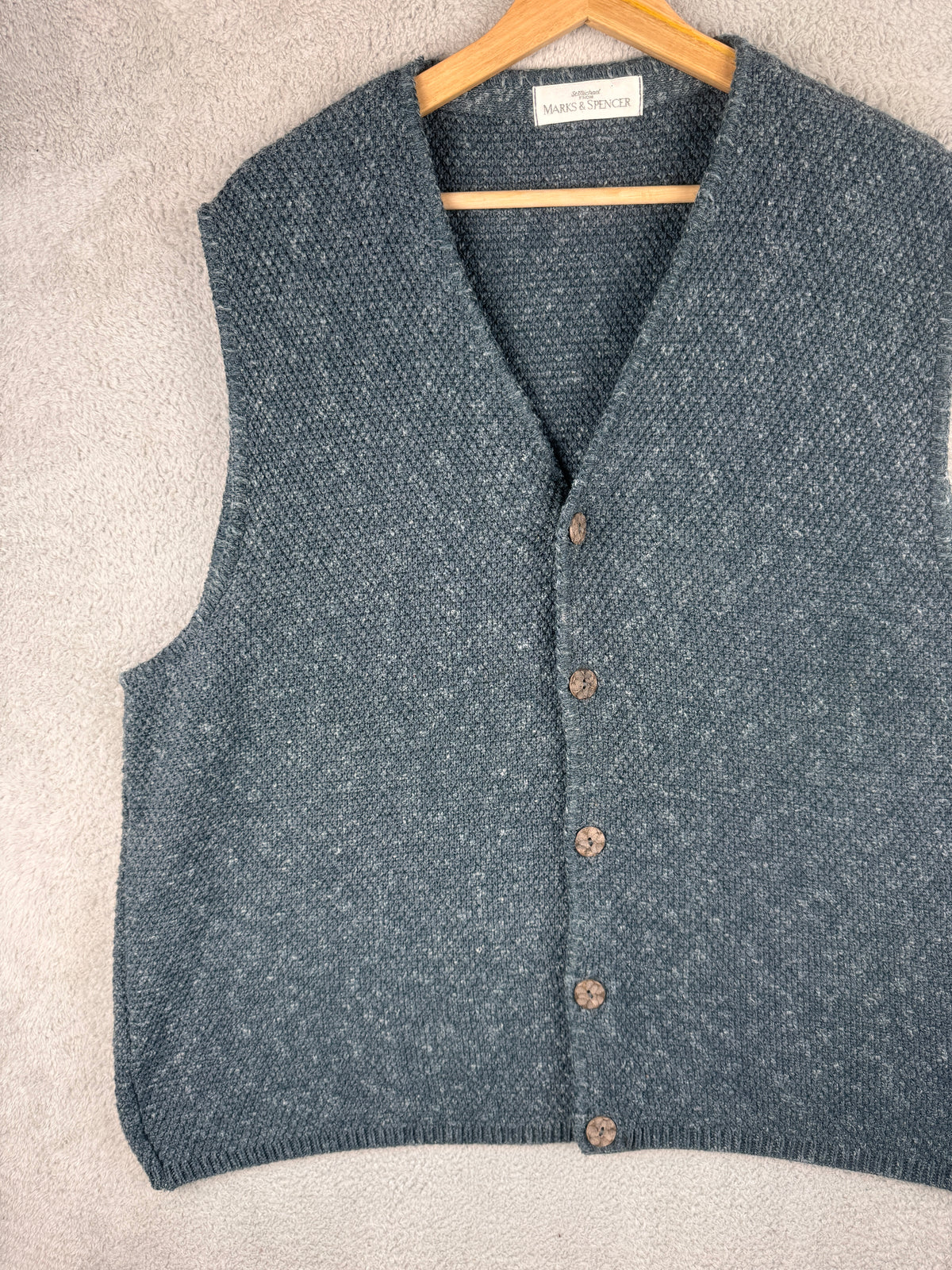 Vintage St Michael M&S Mens XL Blue Knitted Waistcoat Cardigan Vest UK Made